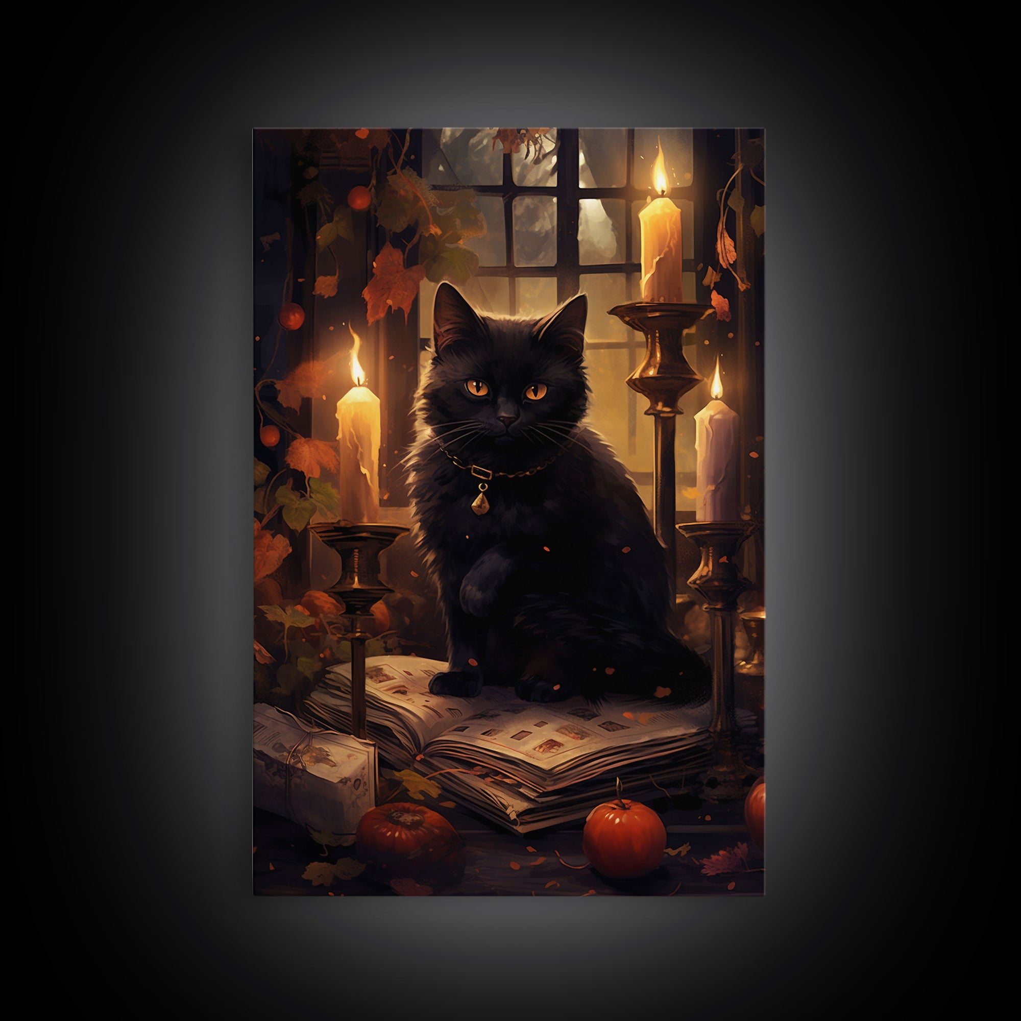 Black Cat Art, Framed  Canvas Print, Halloween Canvas Print, Goth Art, Dark Academia, Fall Decor, Witchy Vibes