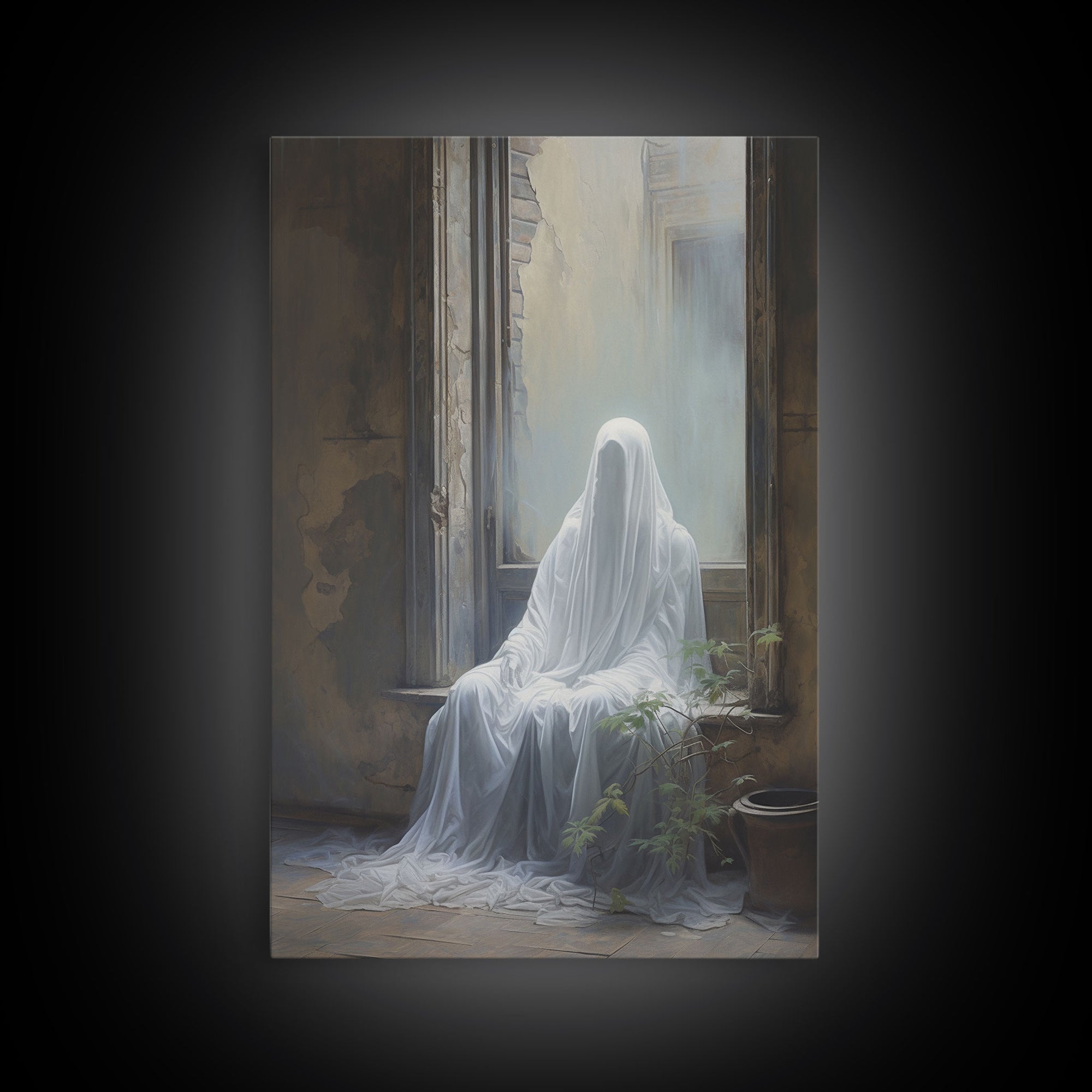 The Haunting, Ghost In The Window, Halloween Decor, Framed Canvas Print