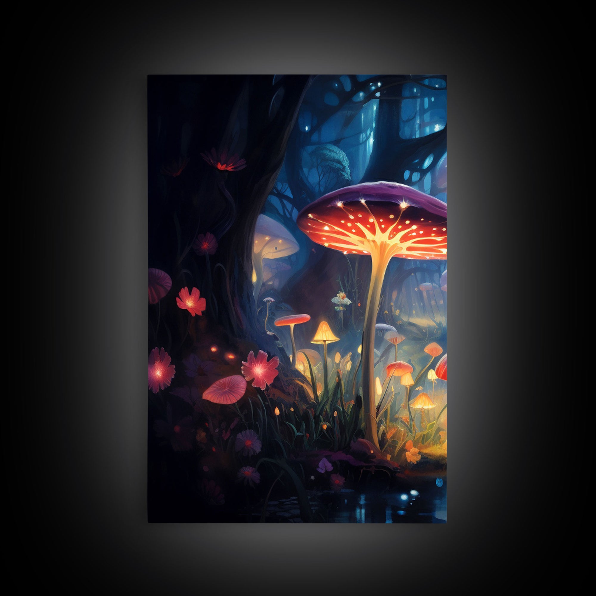 Magical dark forest art print on canvas, fantasy forest, oil style painting, large landscape wall art for home, ready to hang, 3 Piece Art