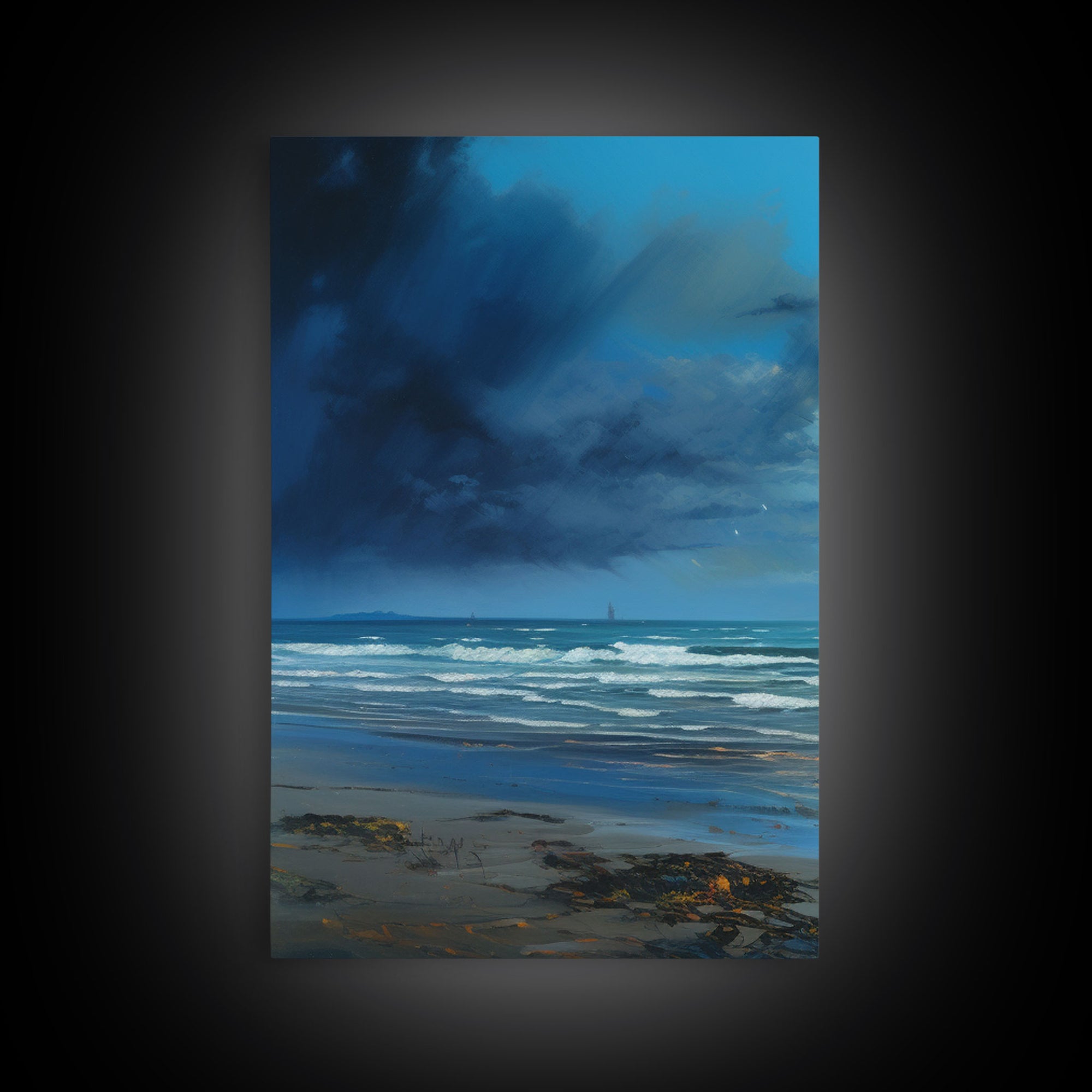 Night Time Beach Art, Framed Canvas Prints, Triptych 3 Panel Wall Art, Tropical Decor, Centerpiece Art