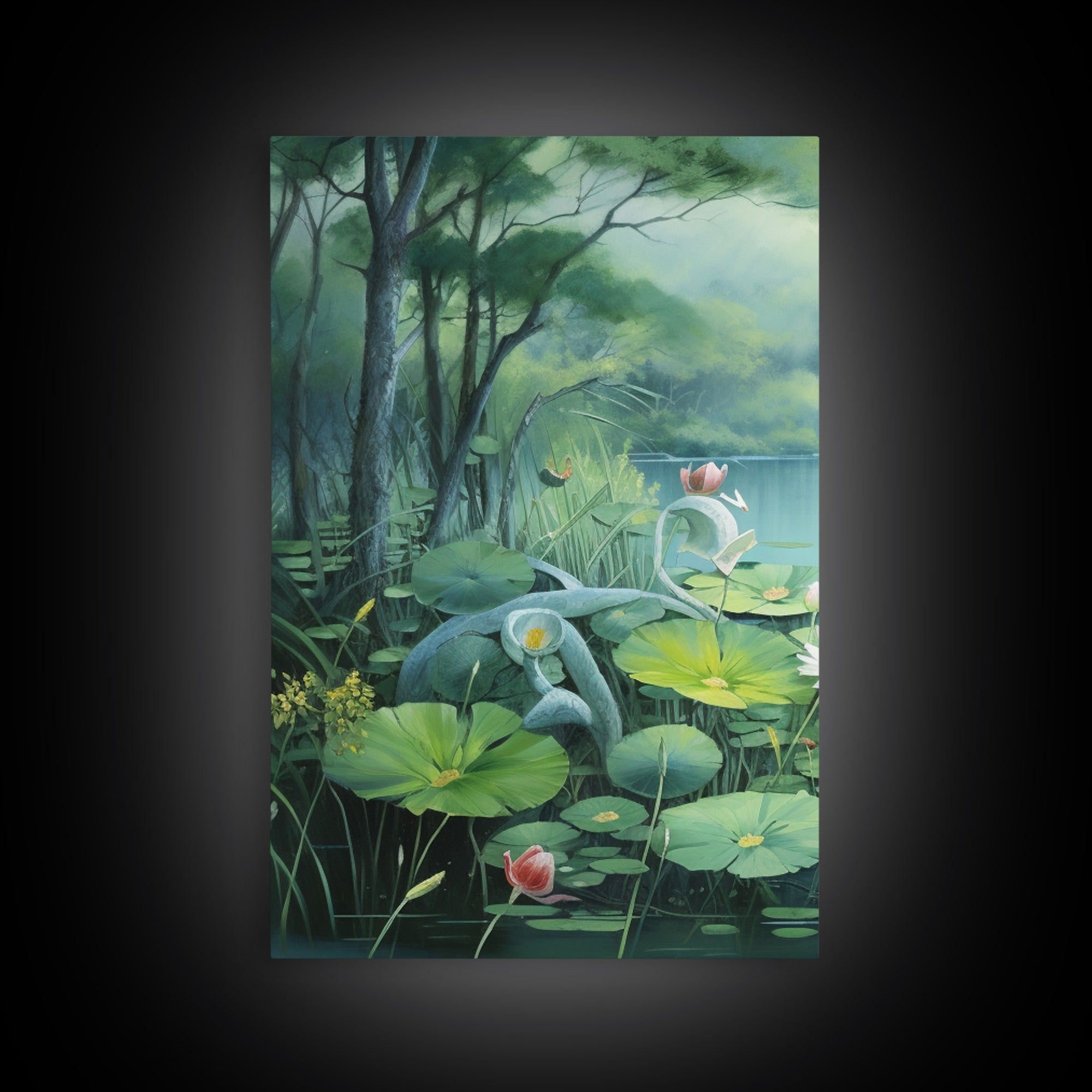 The Lilly Pads, Framed Canvas Prints, 3 Piece Art, Beautiful Pond Painting, Centerpiece Art, Nature / Landscape Painting