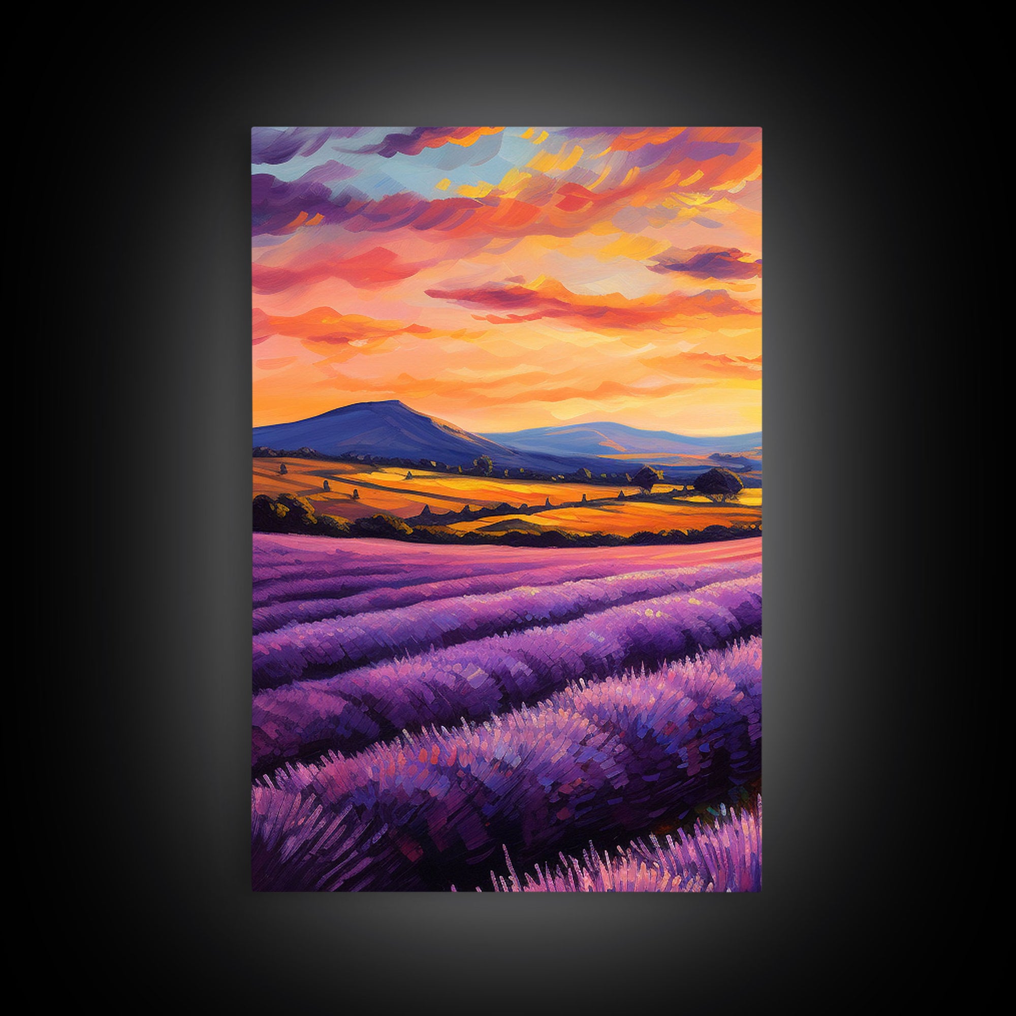 Purple Lavender Fields, 3 Piece Wall Art, Framed Canvas Print, Beautiful Original Landscape Painting, Sunset Painting, Farmhouse Decor