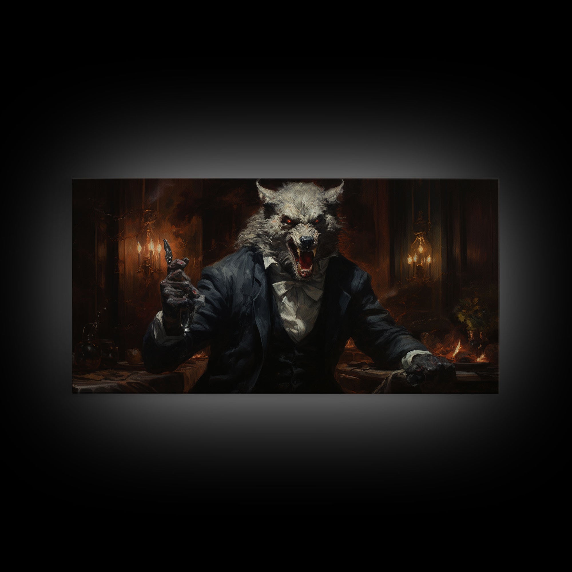 The Victorian Gentleman Werewolf, Halloween Art Print, Framed Canvas Art, Halloween Poster Print, Victorian Dark Academia Oil Painting