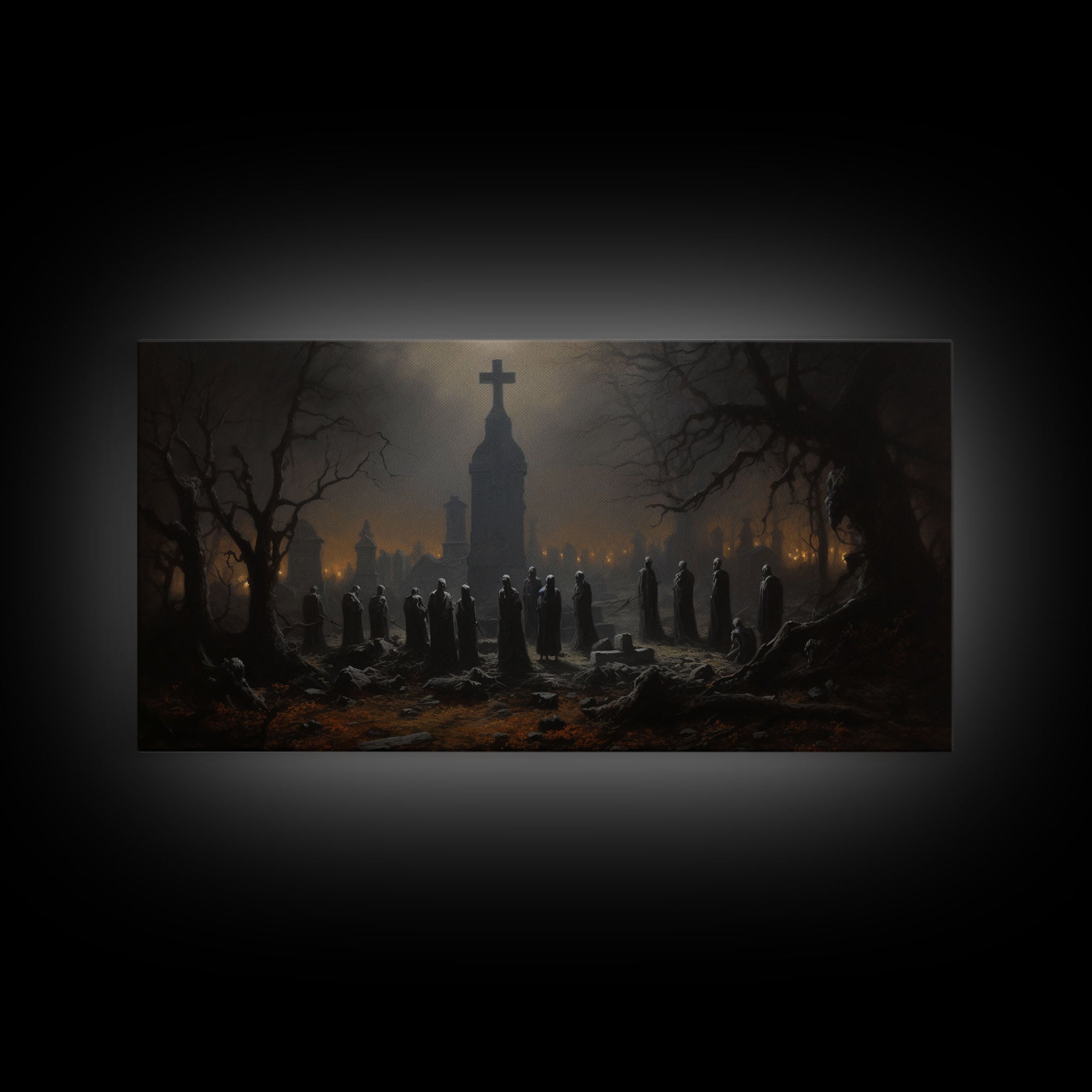 The Haunted Cemetery, Moody and Gloomy Art, Framed Canvas or Poster, Victorian Oil Painting, Dark Academia, Graveyard At Midnight