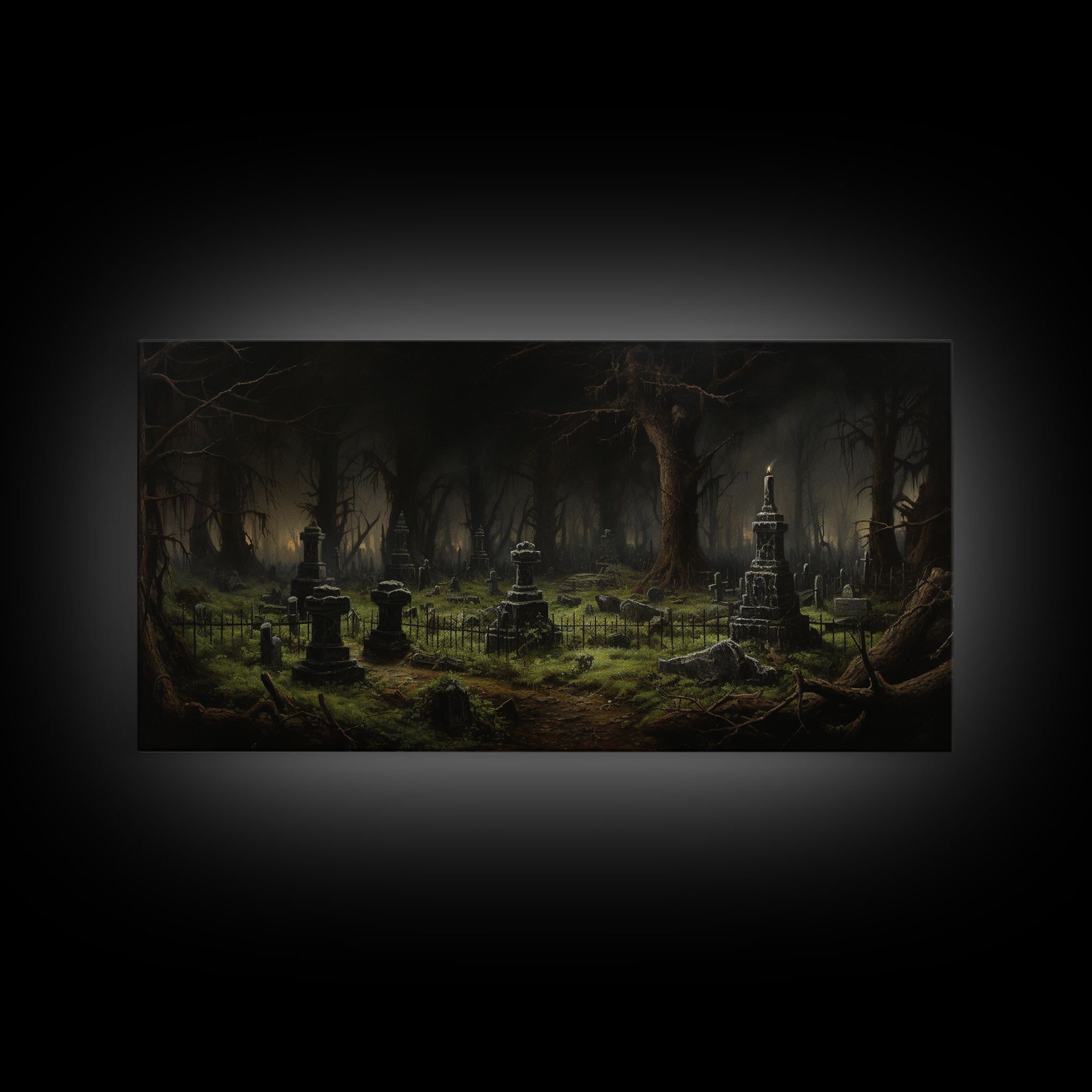 The Haunted Cemetery, Moody and Gloomy Art, Framed Canvas or Poster, Victorian Oil Painting, Dark Academia, Graveyard At Midnight