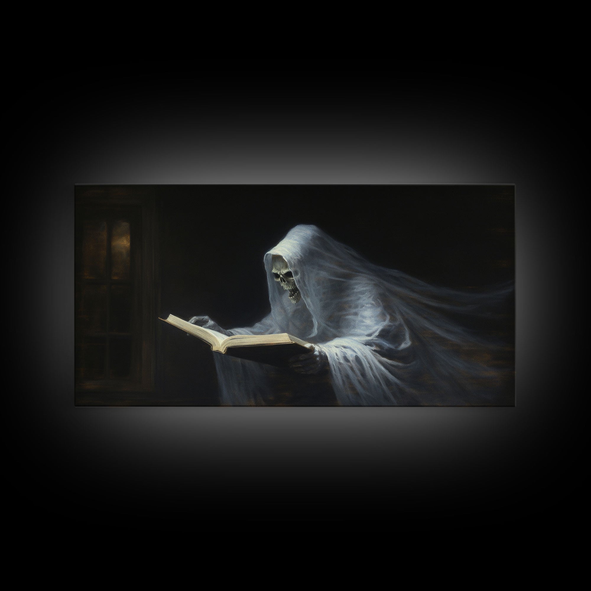 The Reading Ghost, Framed Canvas Print, Victorian Oil Painting Style, Spooky Halloween Decor, Goth Art