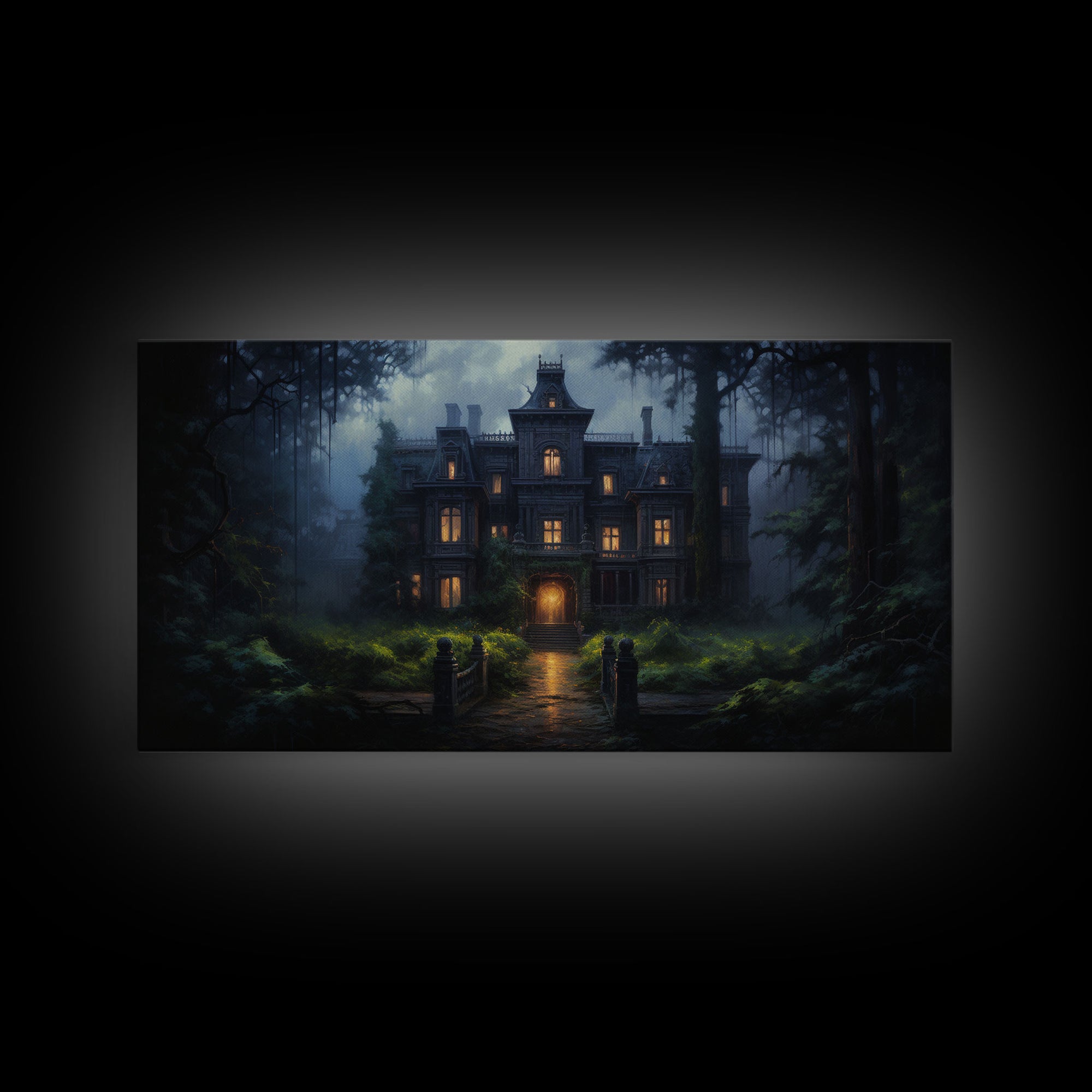 The Haunted House, Spooky Halloween Art, Haunted Victorian Mansion Framed Canvas Print, Horror Prints