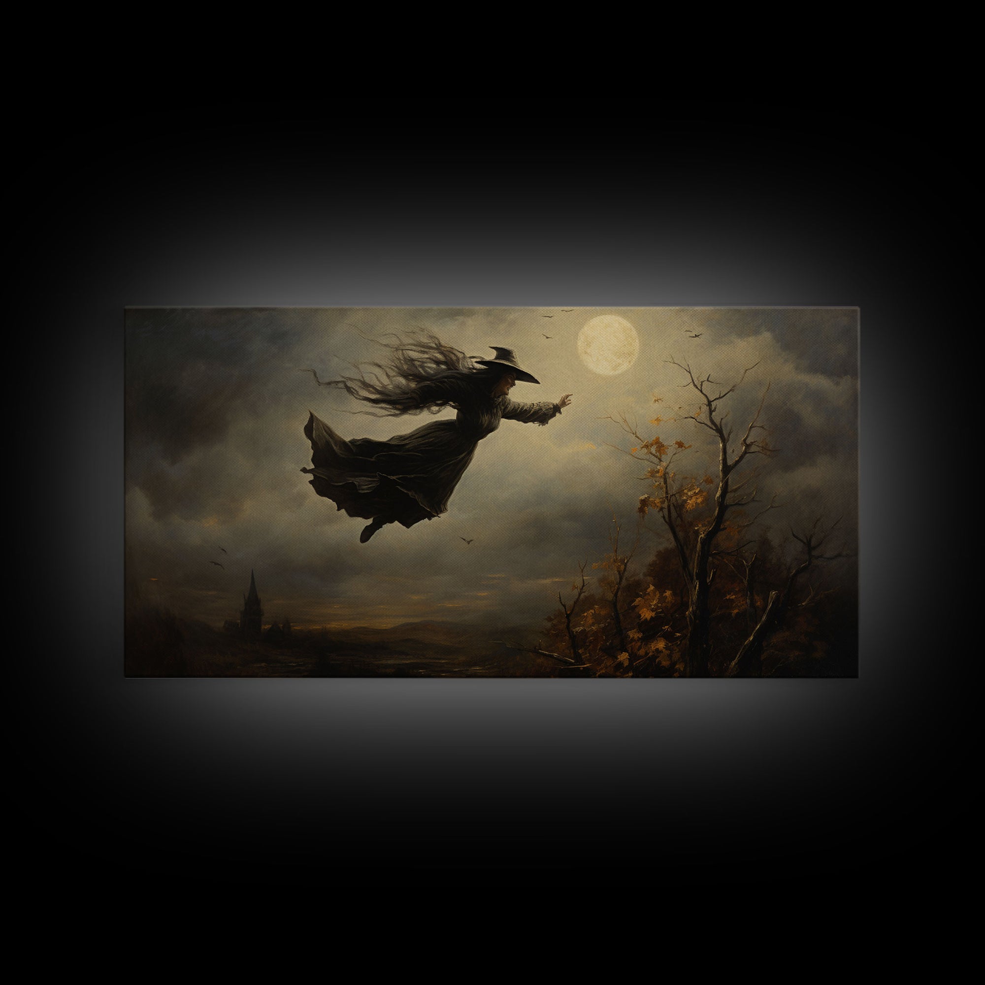 The Flying Witch, Framed Canvas Print, Halloween Wall Art, Horror Prints, Halloween Decoration