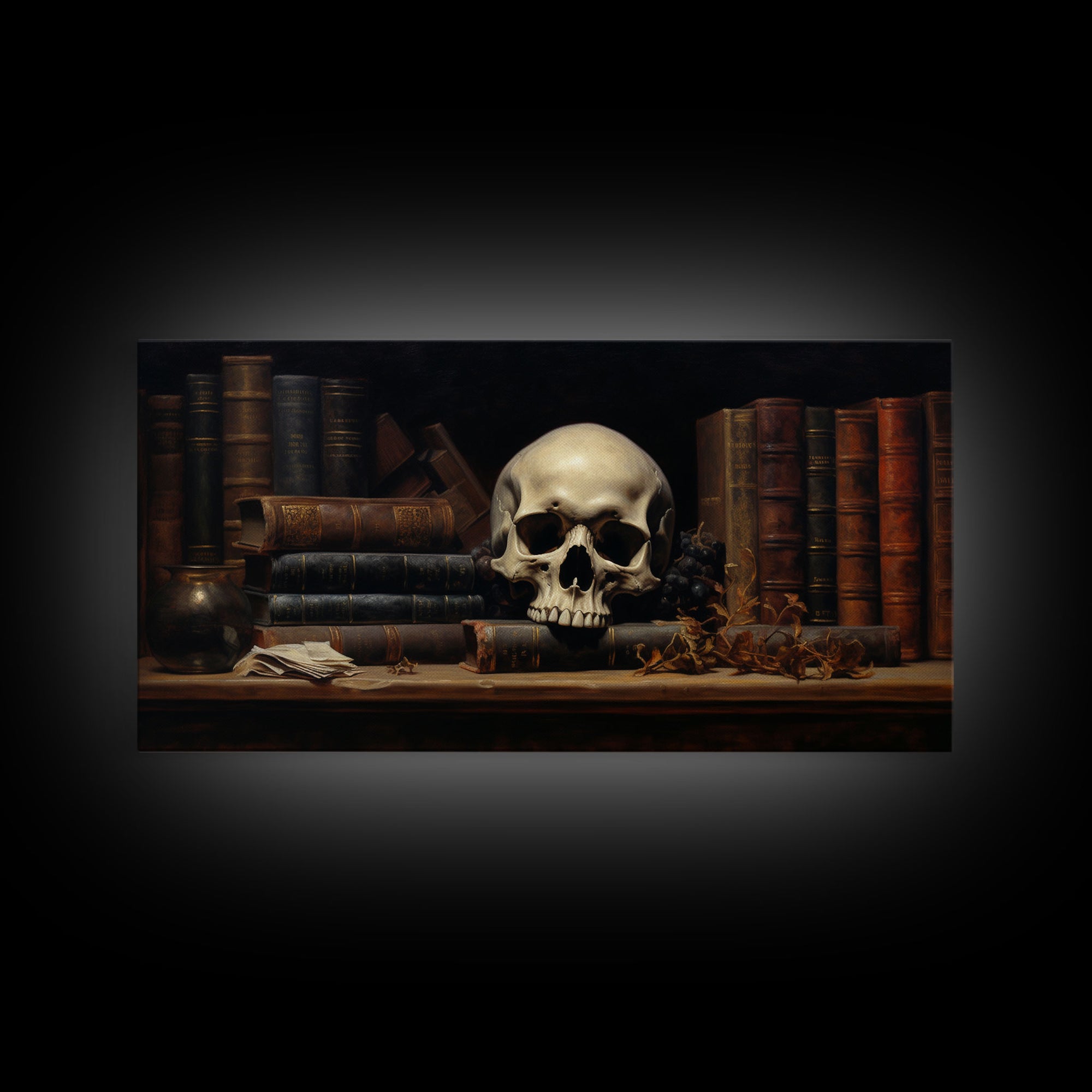 Victorian Gothic Library Art, The Skull On The Shelf, Framed Canvas Print, Halloween Decor, Halloween Art Print