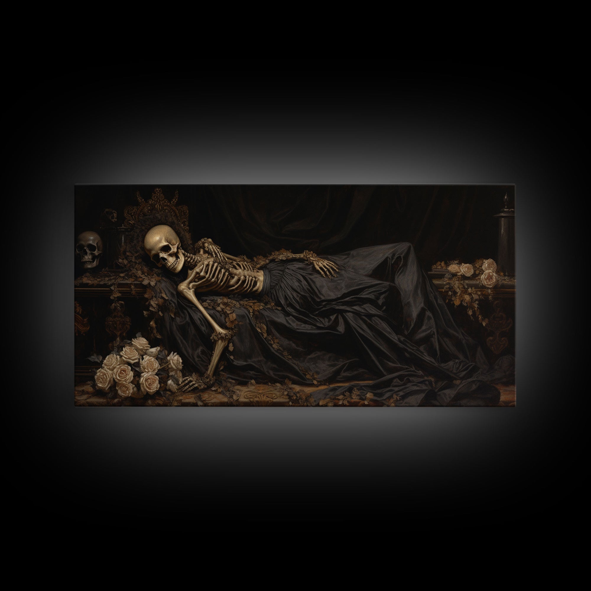 Eternal Slumber, Framed Canvas Print, Creepy Victorian Oil Painting, Halloween Art Prints, The Sleeping Skeleton Painting