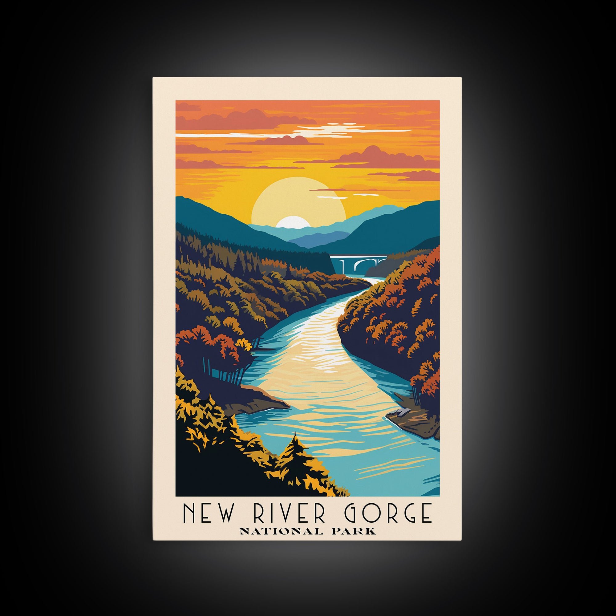 New River Gorge National Park Travel Art, National Park Print, Minimalist Travel Art, Midcentury Modern Style Landscape Painting