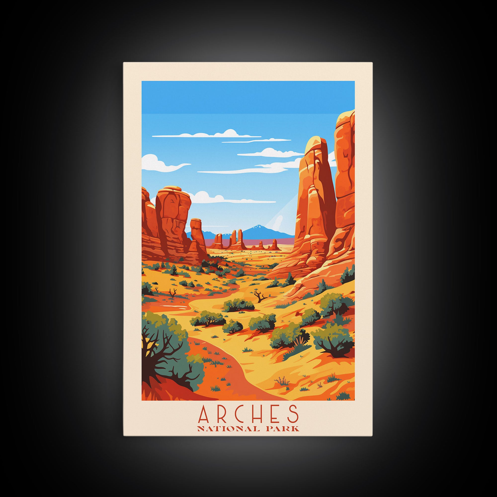 Arches National Park, Framed Wall Art Canvas Print, Travel Poster, Travel Art, Roadtrip Decor, Cool Wall Art, Retro State Park Art