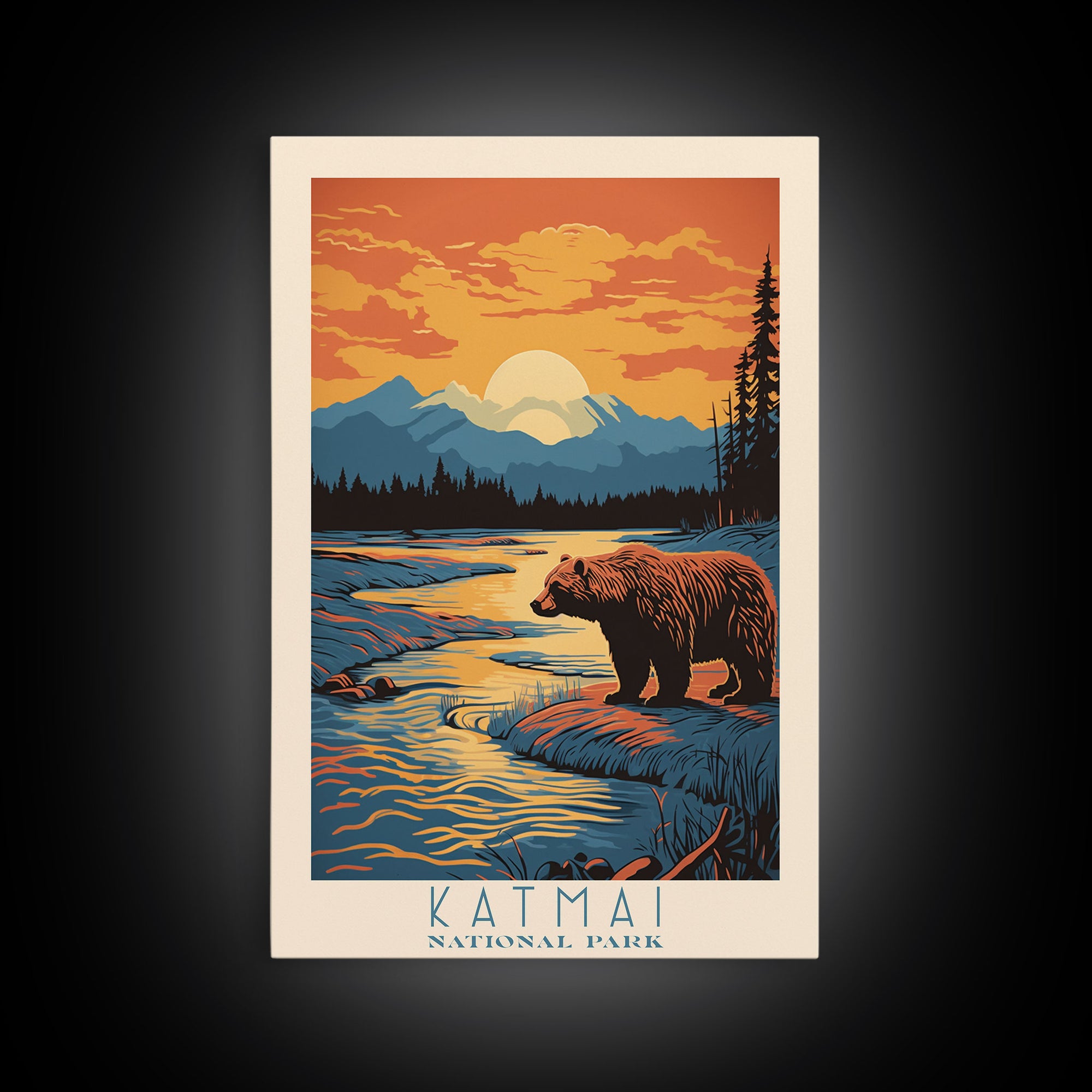 Katmai National Park Alaska Travel Art, National Park Print, Minimalist Travel Art, Midcentury Modern Style Landscape Painting