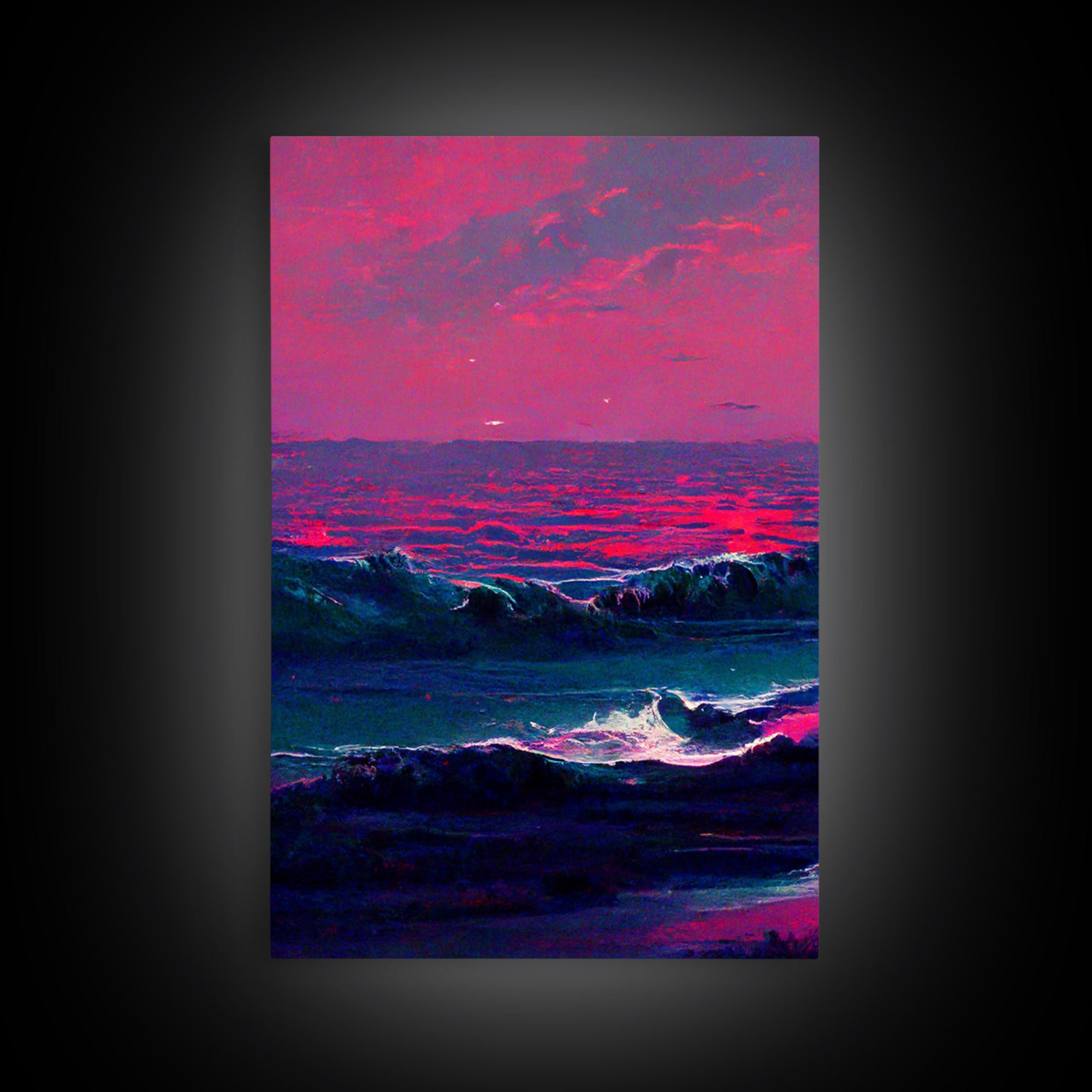 Outrun Style Synthwave Sunset Ocean Waves, 3 Piece Wall Art, Ready To Hang Canvas Print, Cool Unique Lakehouse Wall Art Decor