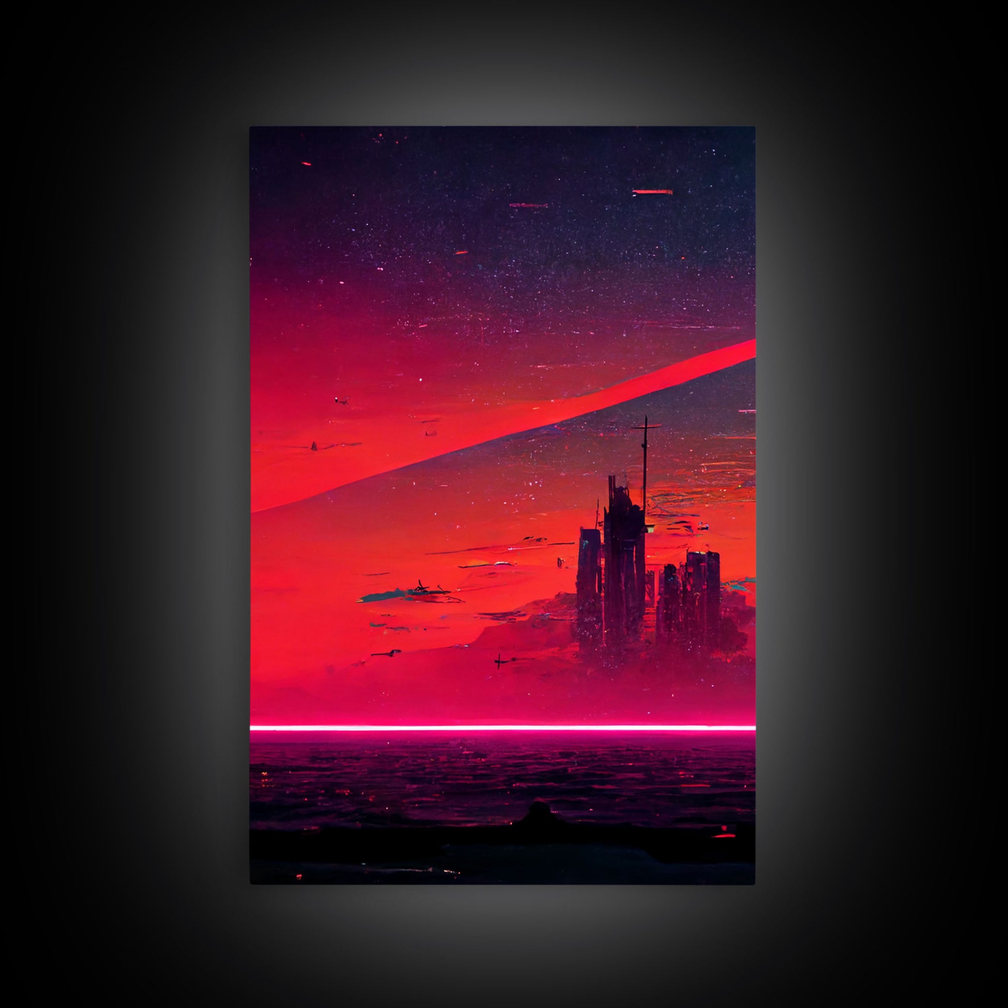 Cyber punk City At Sunset, Outrun, 3 Piece Wall Art, Ready To Hang Canvas Print, Cool Unique Mancave wall Art Decor