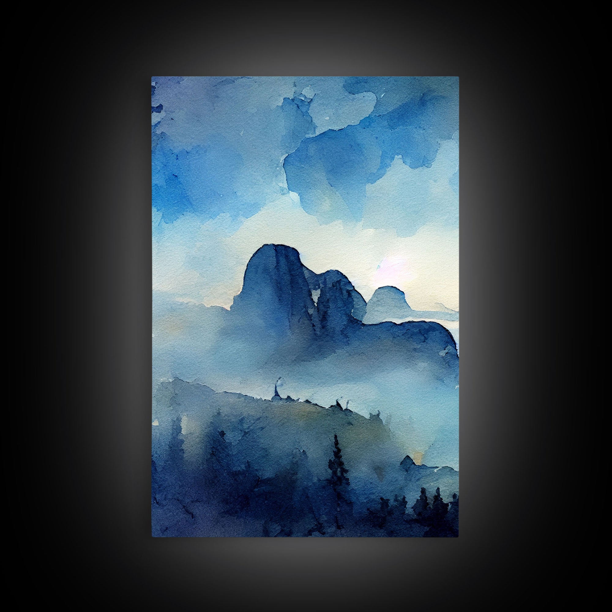 Sapphire Blue Watercolor Landscape, 3 Piece Wall Art, Ready To Hang Canvas Print, Beautiful Living Room Wall Art Decor