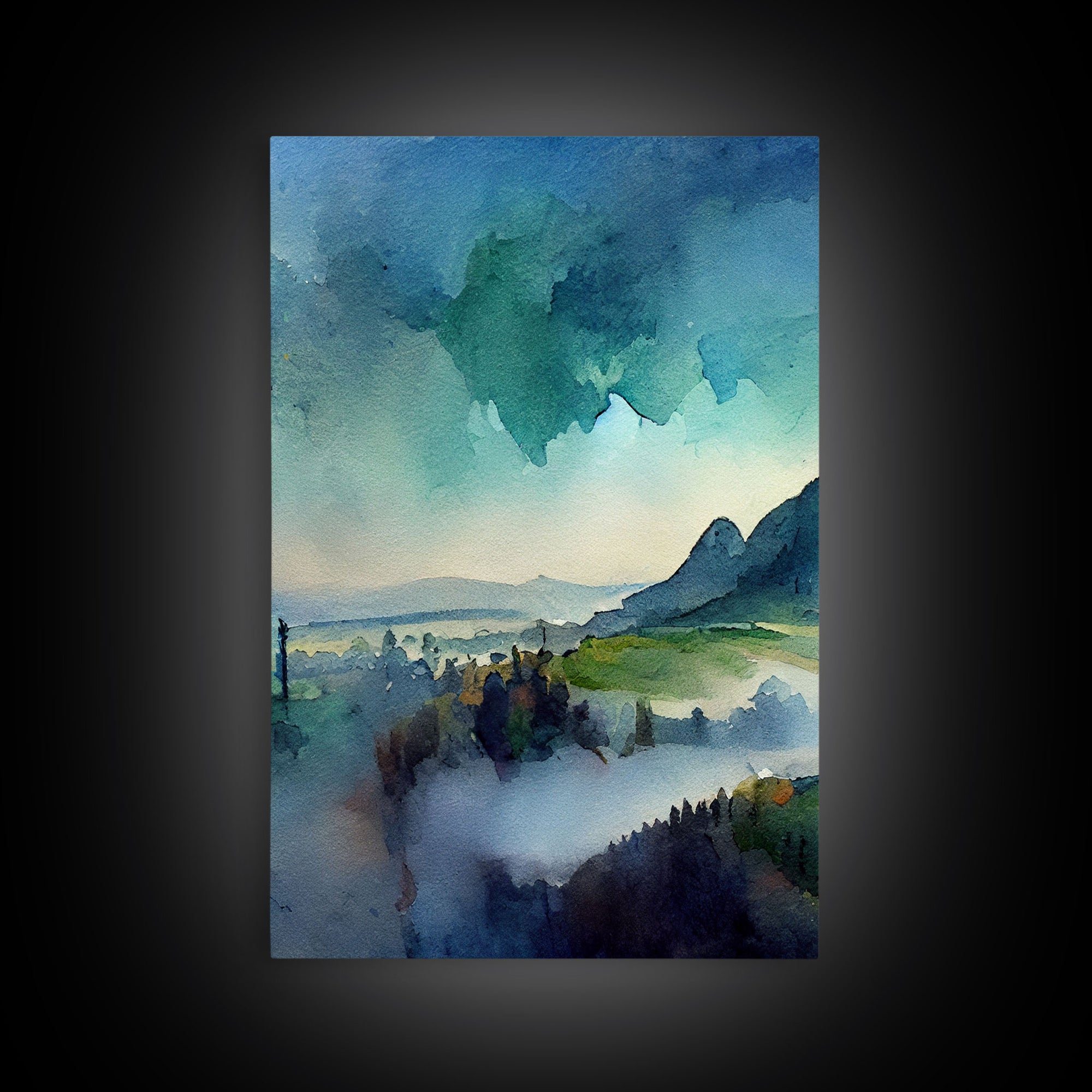 Emerald Green Landscape Watercolor, Panoramic Art, Cool Wall Decor, 3 Piece Wall Art, Ready To Hang Canvas Print