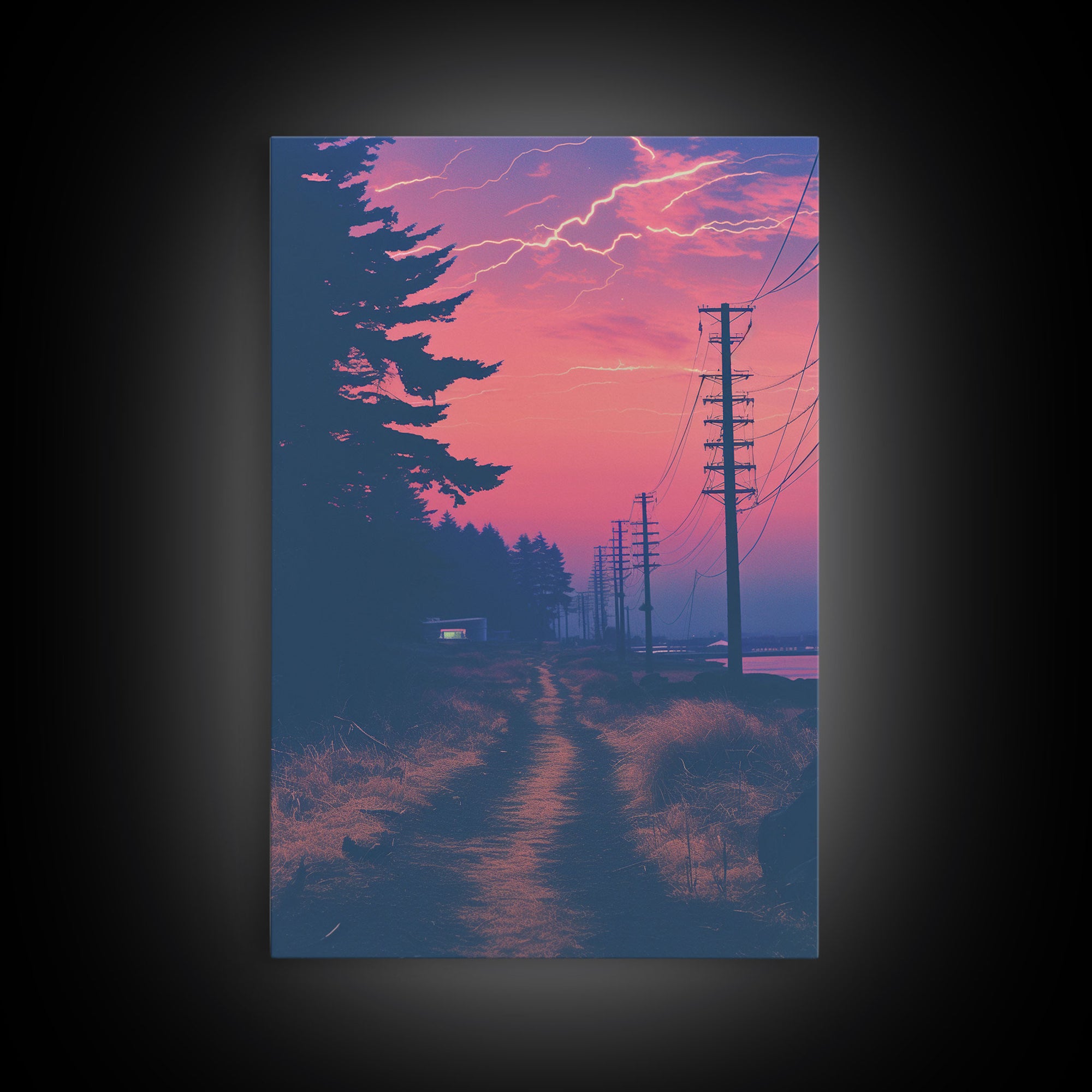 Lightning At Sunset, Framed Canvas Print, Vaporwave Aesthetic Wall Art, Liminal Spaces Photography Print, Dorm Room Decor, Retro Art