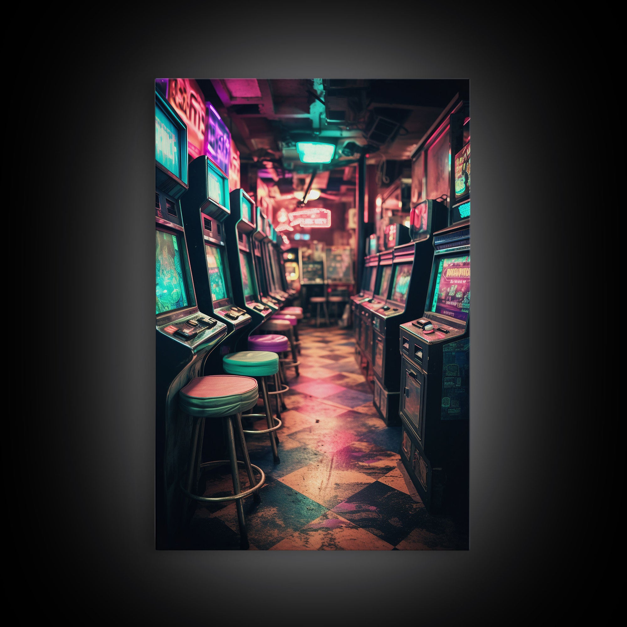 An Abandoned Game Room, Framed Canvas Print, Vaporwave Photography Fine Art Print, Aesthetic Decor, Colorful Art, Arcade Room Art