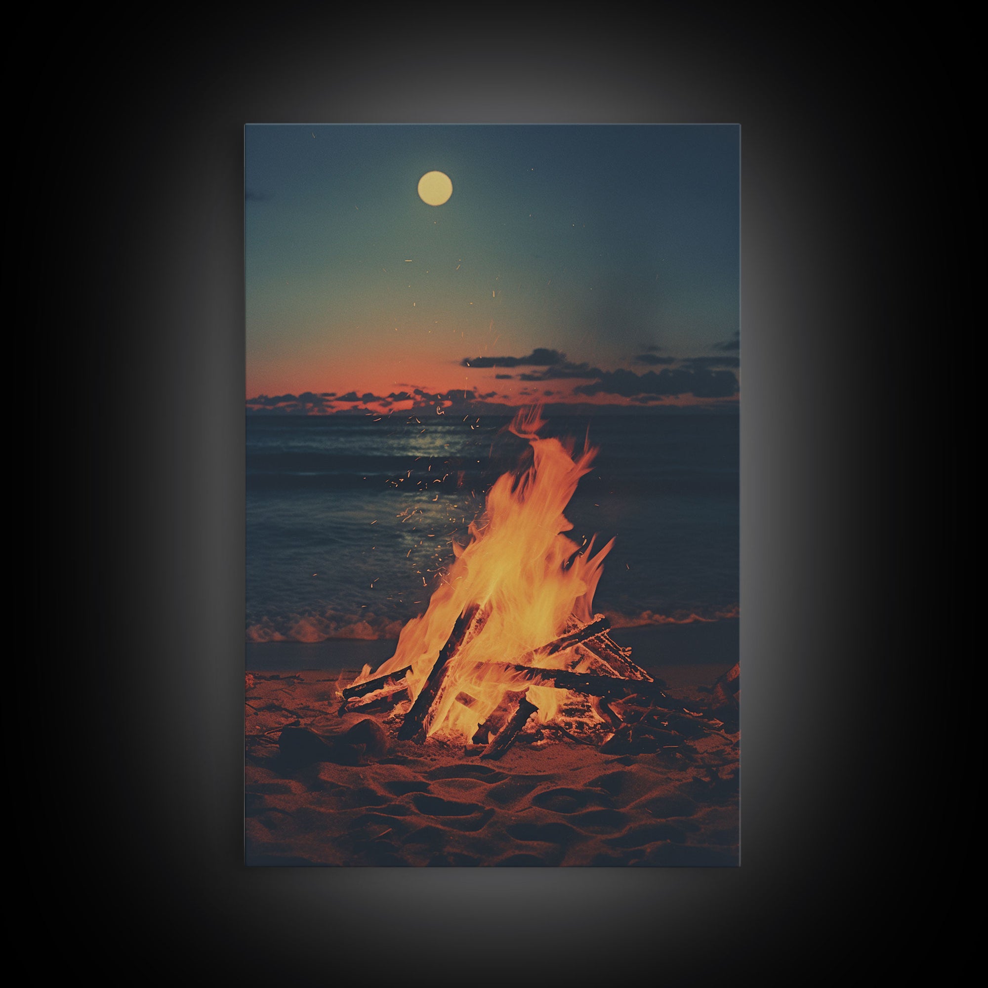 Beach Campfire Under A Full Moon, Photography Print, Framed Canvas Print, Beach House Decor, Coastal Decor, Beach Print, Beach Art