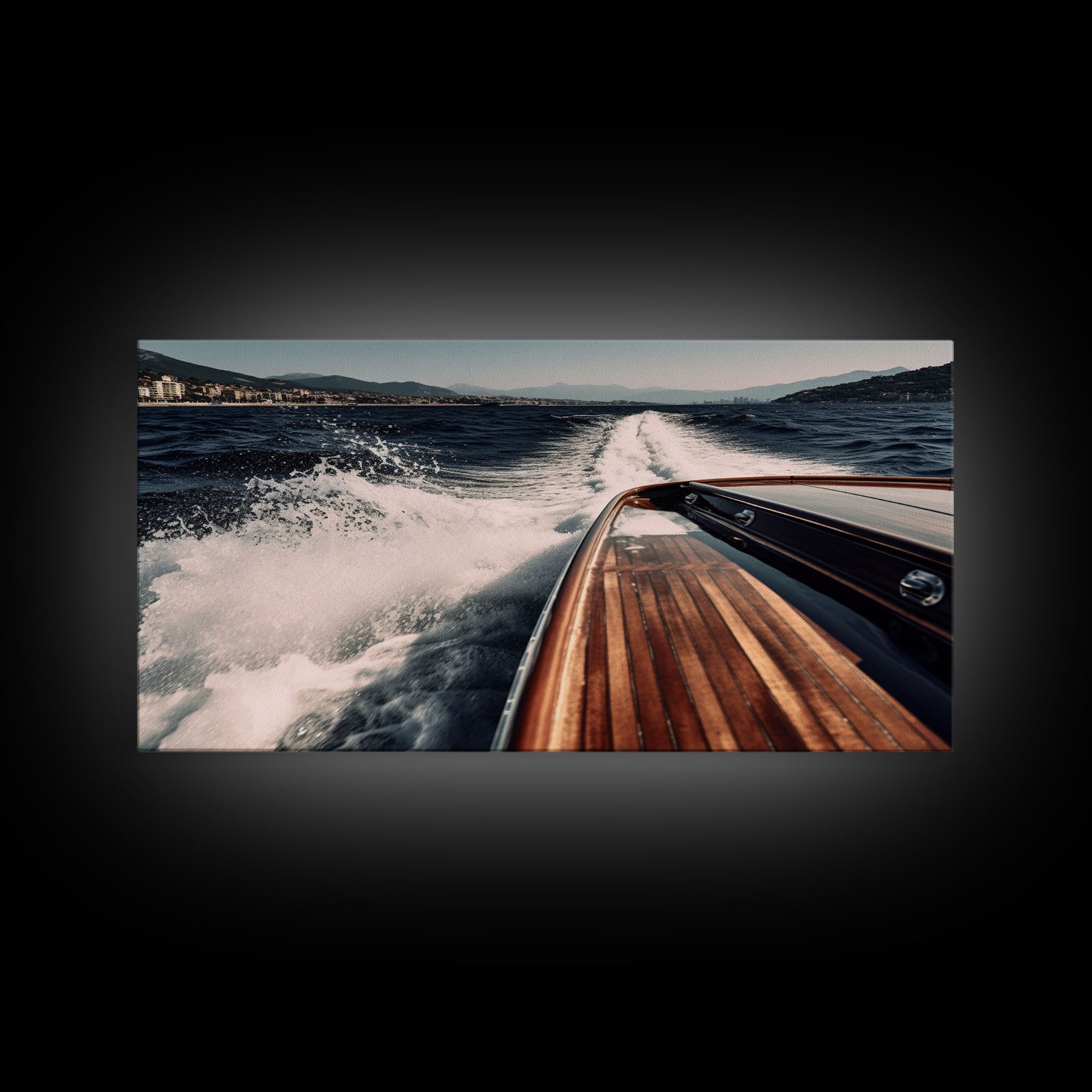 Leaving Italy In the Rear View, Nautical Decor, Framed Canvas Print, Speed Boat Photography Print, Vaporwave Aesthetic