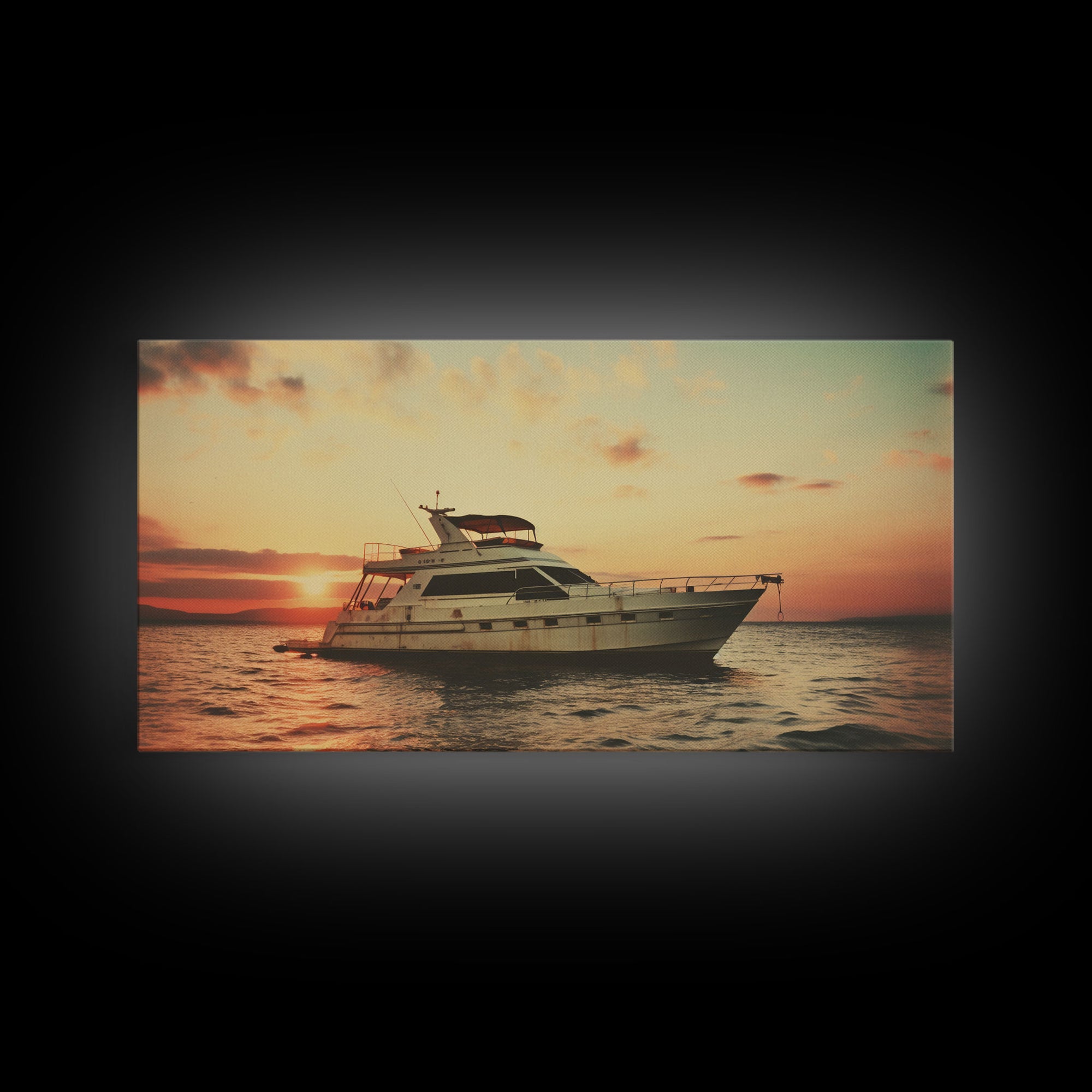 An Abandoned Yacht at Sunset - Framed Canvas Print - Nautical Decor - Vaporwave Art - Liminal Spaces - Urban Decay - Eclectic Wall Art