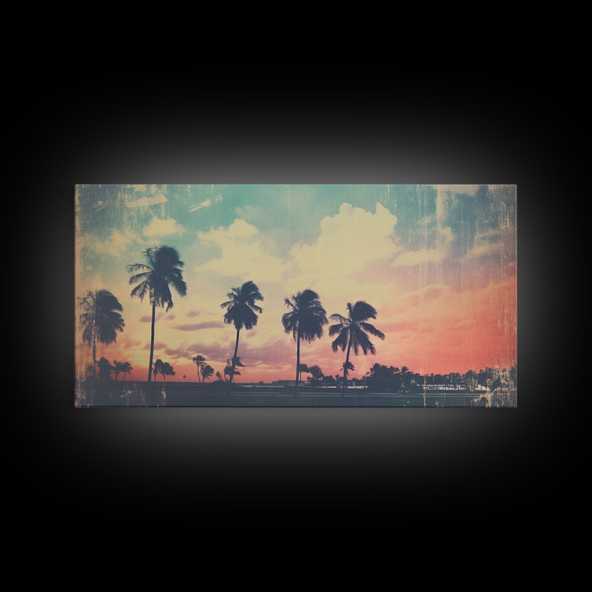 Distressed Old Photo Of Miami Beaches In the 1980s - Framed Canvas Print - Photography Print - Vaporwave Aesthetic Wall Art