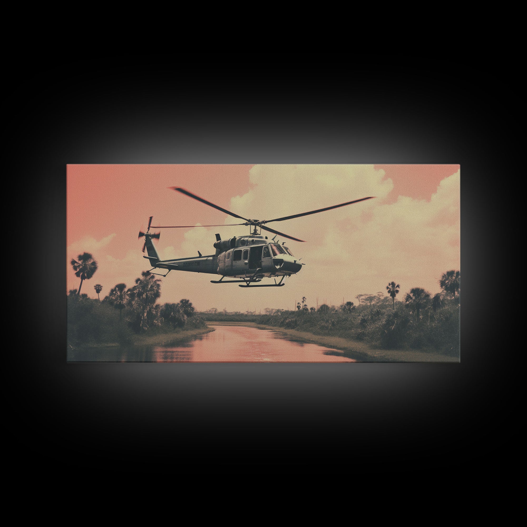 Vaporwave Huey Helicopter Over Vietnam, Framed Canvas Print, Military / War Art, Gift For Veteran, Hot LZ