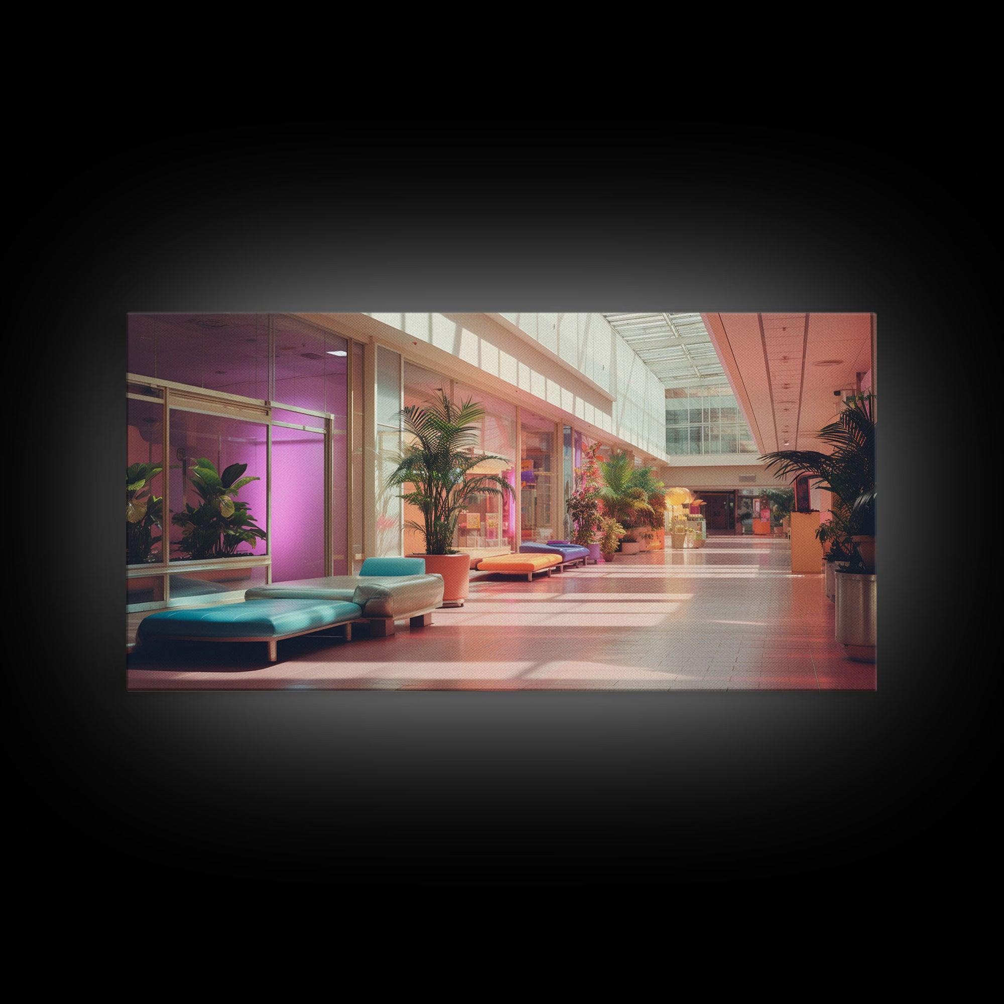 The Mall Before Opening On A Saturday Morning, Framed Canvas Print, Retro Vaporwave Aesthetic 1980s Vibes Wall Art