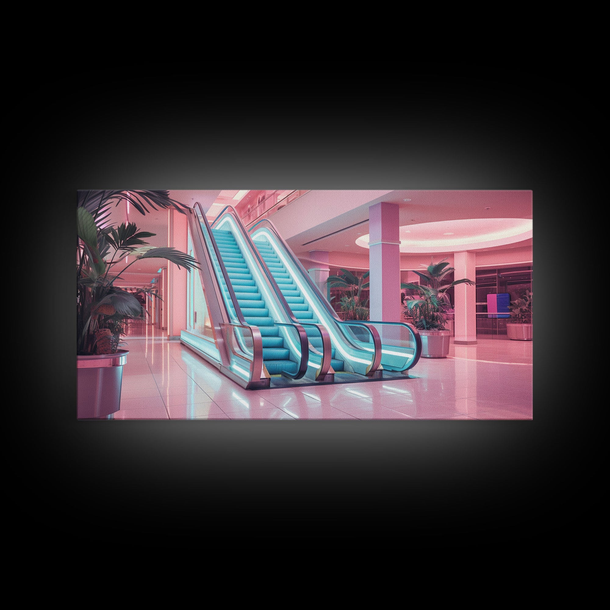 The Mall Before Opening On A Saturday Morning, Framed Canvas Print, Retro Vaporwave Aesthetic 1980s Vibes Wall Art