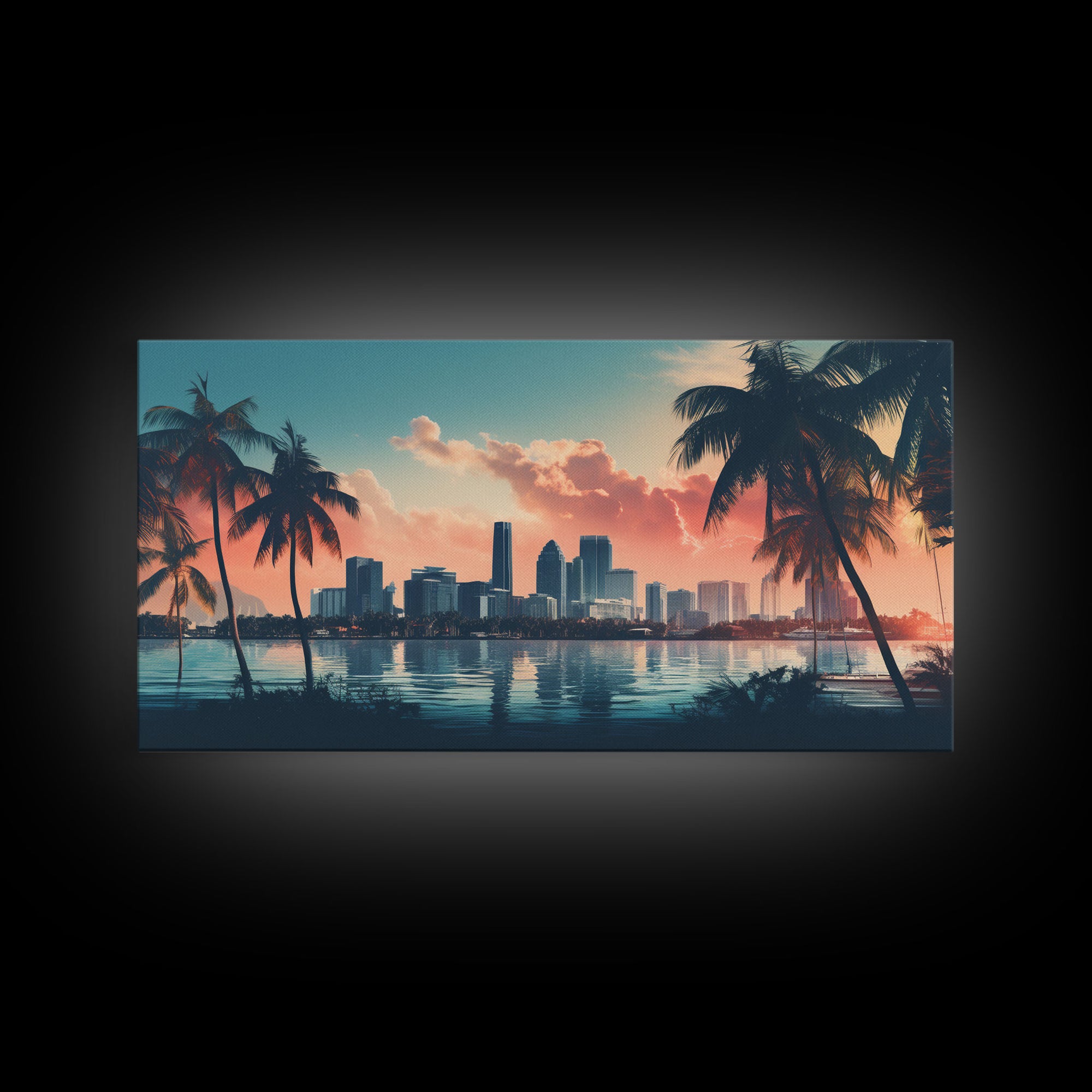 Miami Skyline At Sunrise, Framed Canvas Print, Vaporwave Aesthetic Wall Art, Framed Canvas Art, 1980s Art, Retro Decor