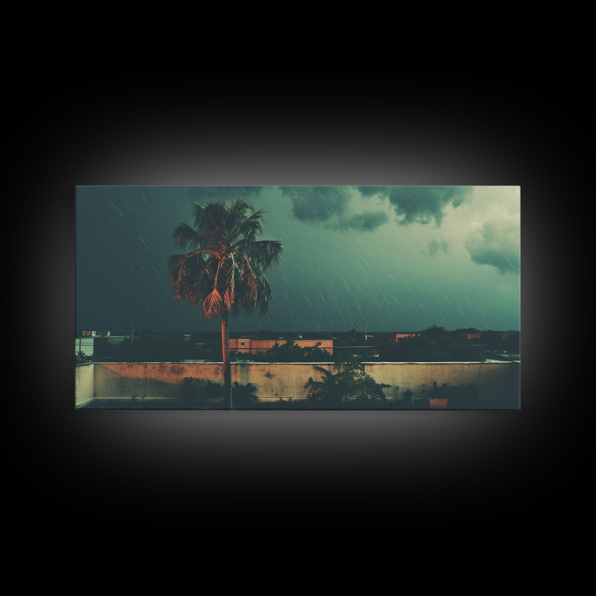 A Miami Rain Storm, Framed Canvas Print, Liminal Art, Liminal Spaces, Framed Wall Art, Game Room Decor, Dark Moody Art