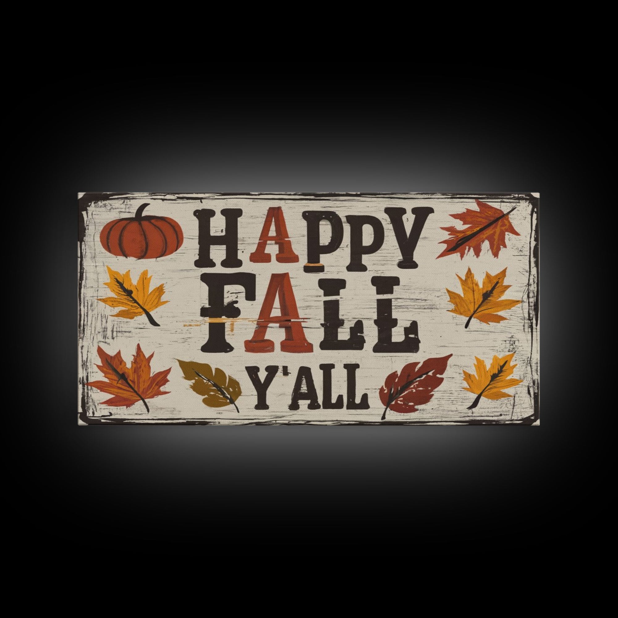 Happy Fall Y'all Typography Art, Modern Farmhouse Wall Decor, Dining Room Wall Sign Kitchen Decor Large Framed Canvas Print, Fall Wall Art