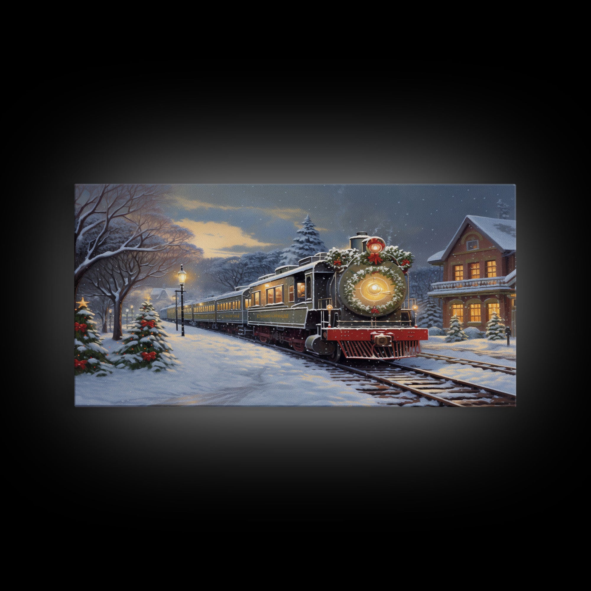 The Christmas Train Oil Painting Framed Canvas Print - Christmas Decor - Handmade Christmas Gift - Christmas Decoration Home Decor Wall Art