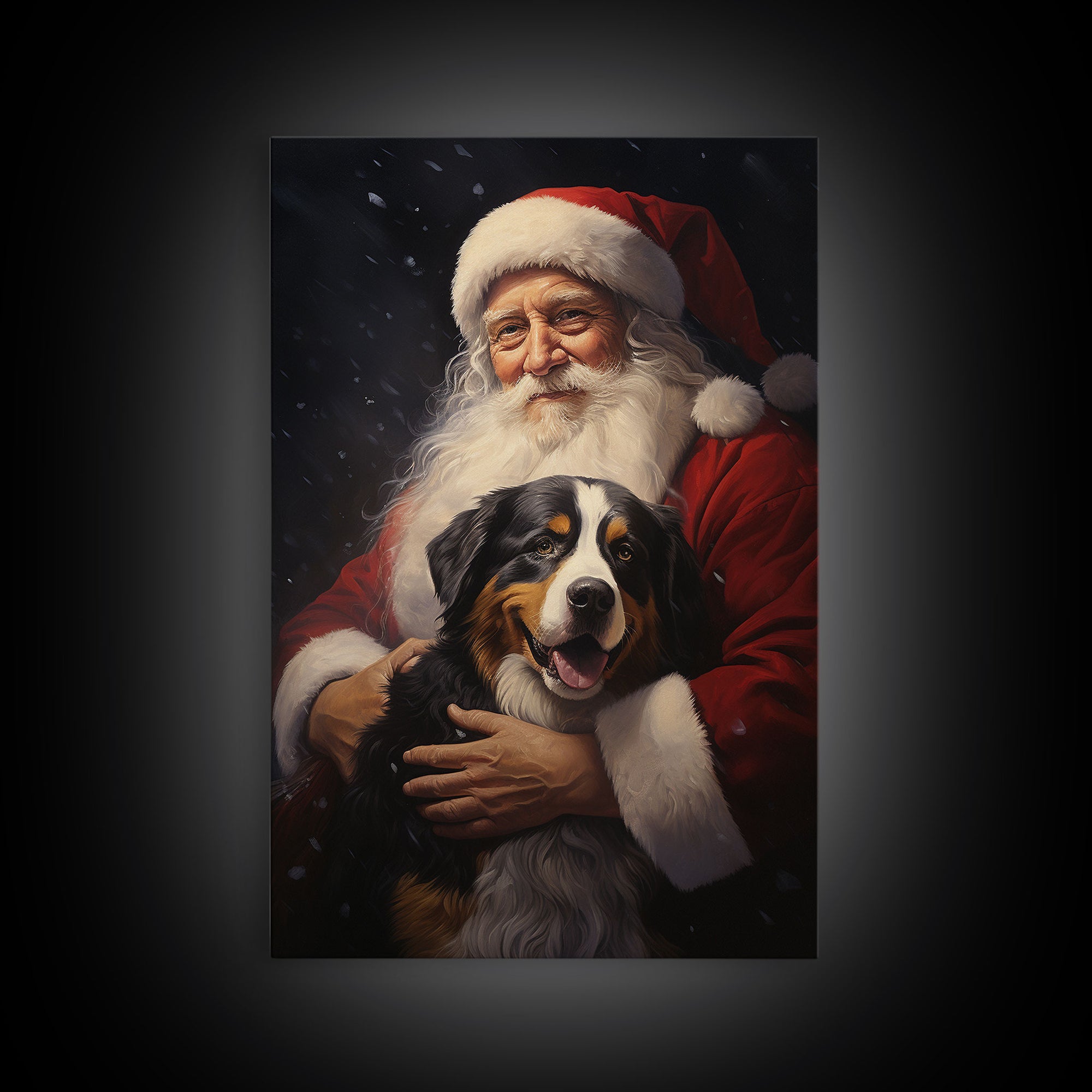 Santa Claus and his Bernese Mountain Dog, Cute Dog Art, Framed Canvas Print, Christmas Art, Christmas Decor, Christmas Art Print, Cute Dog