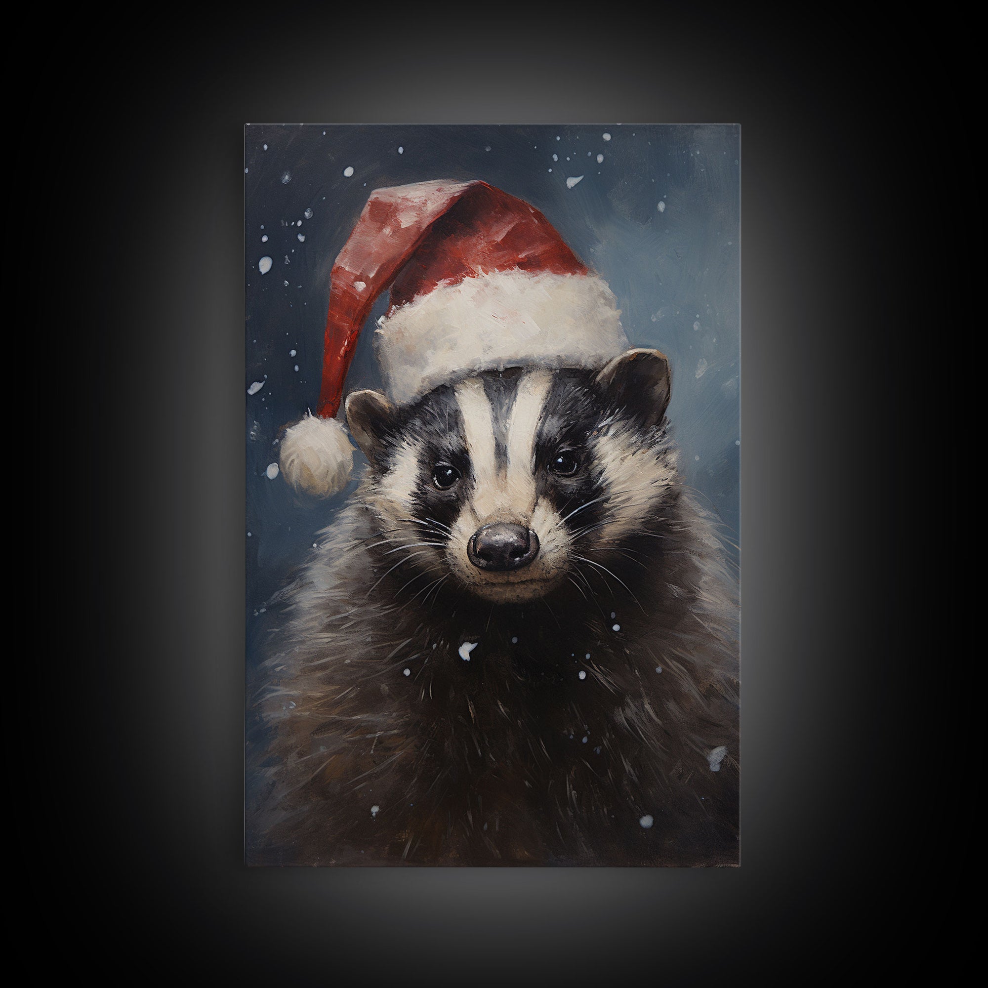 Cute Christmas Badger In A Santa Hat, Framed Canvas Print, Christmas Art, Christmas Decor, Christmas Art Print, Christmas Wall Art