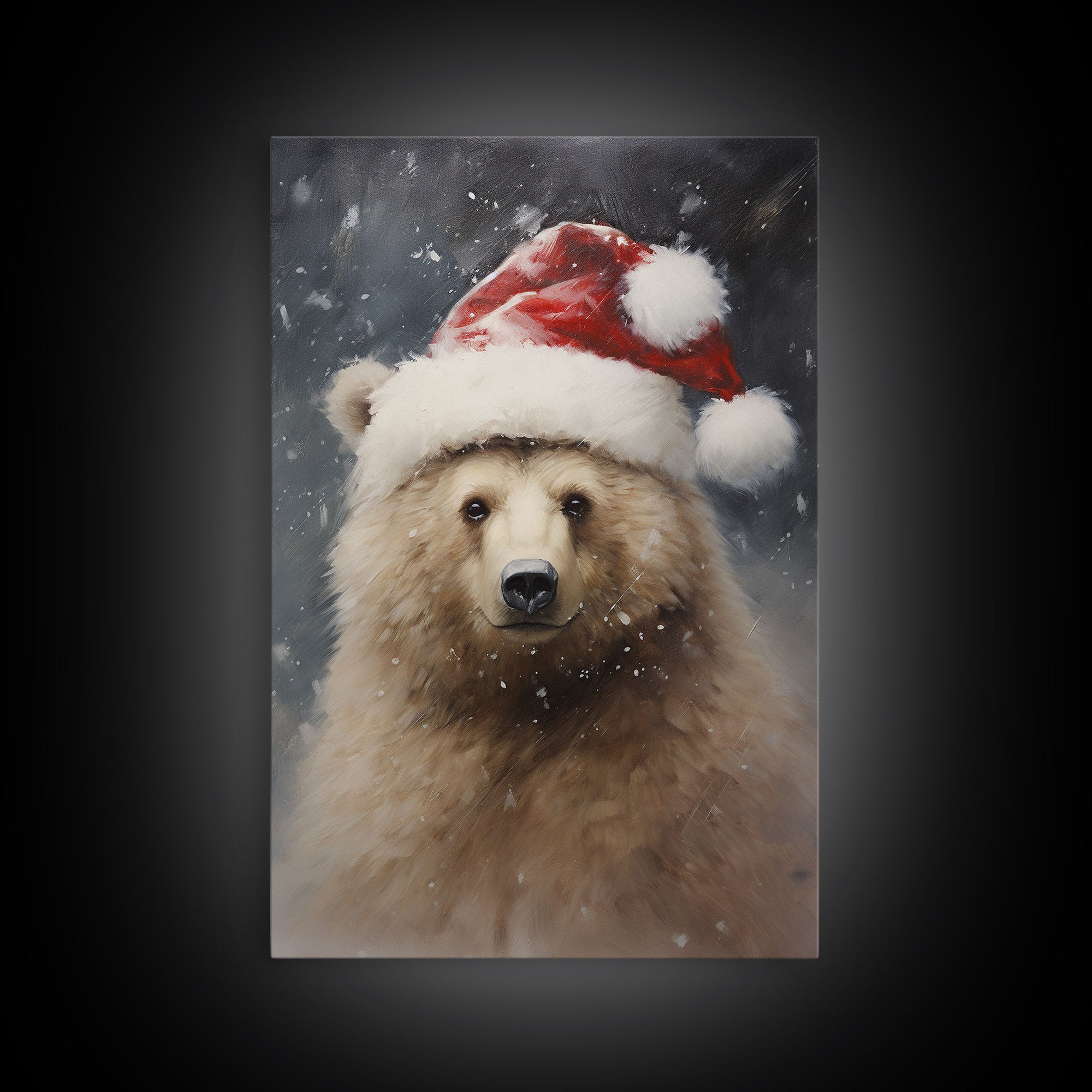 Cute Christmas Bear In A Santa Hat, Christmas Art, Christmas Decor, Christmas Wall Art, Christmas Painting, Vintage Christmas