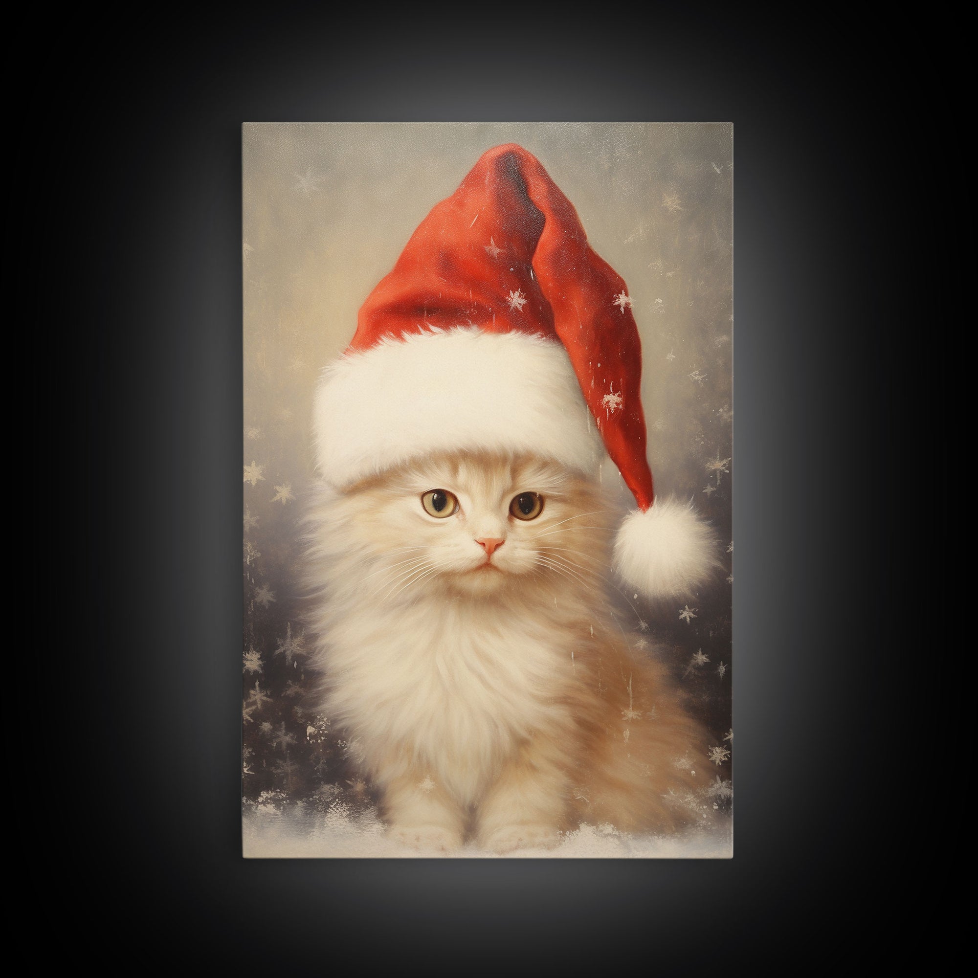 Cute White Kitten In A Christmas Hat, Farmhouse Christmas, Farmhouse Decor, Framed Canvas Print Seasonal Wall Art Winter Decor Christmas Art