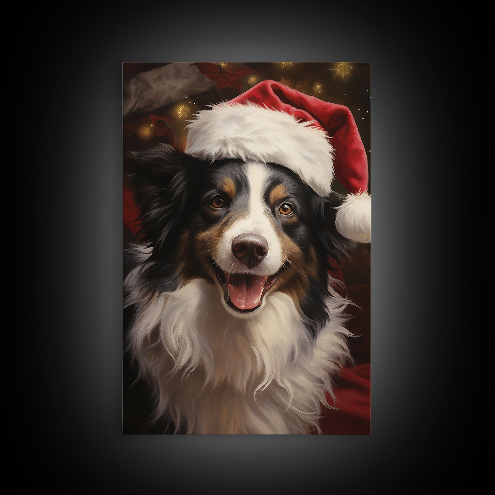 Cute Border Collie In A Santa Hat, Framed Canvas Print, Christmas Decor, Holiday Decor, Seasonal Wall Decor, Farmhouse Christmas