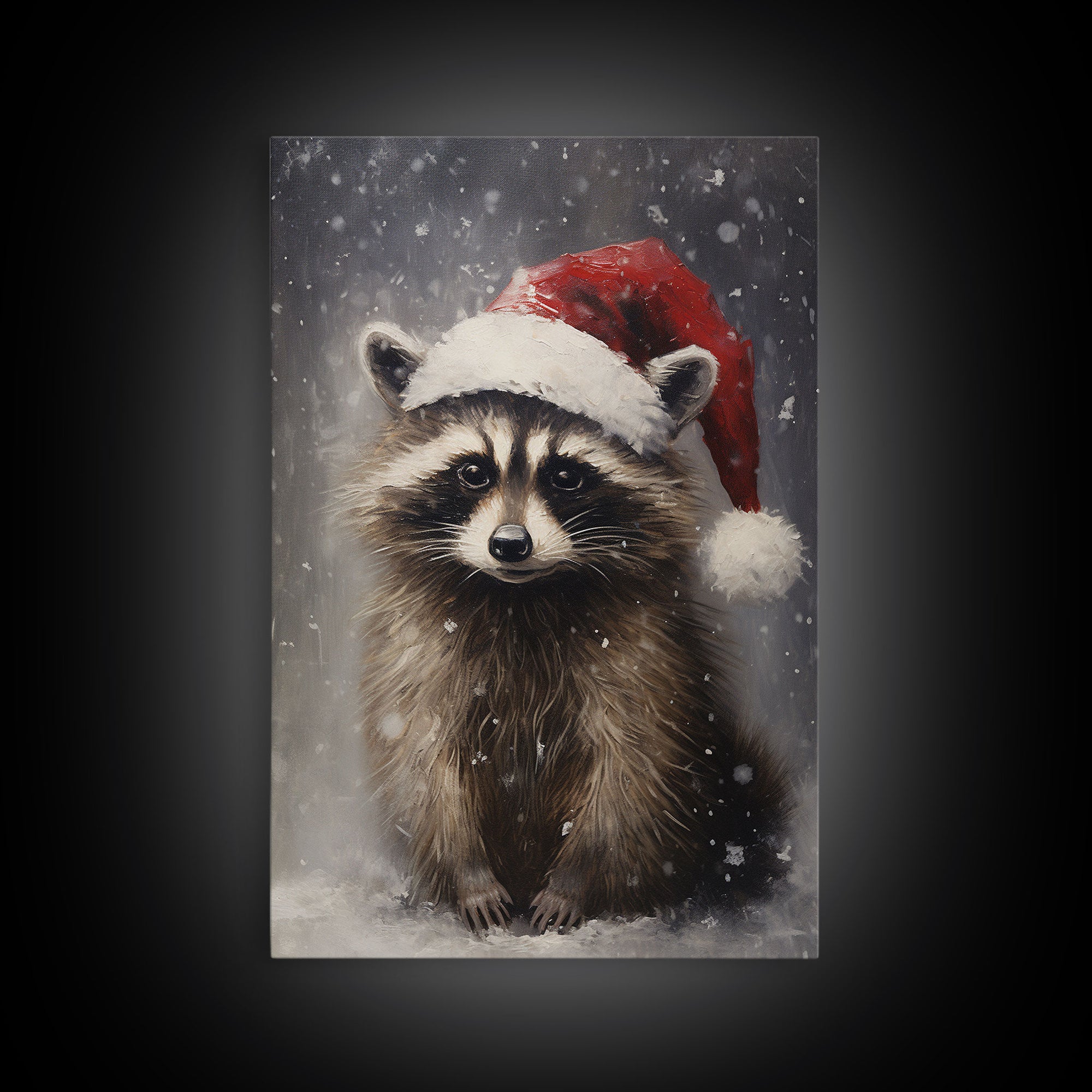 Cute Christmas Raccoon In A Santa Hat, Christmas Art, Christmas Decor, Christmas Wall Art, Farmhouse Christmas, Vintage Christmas Raccoon