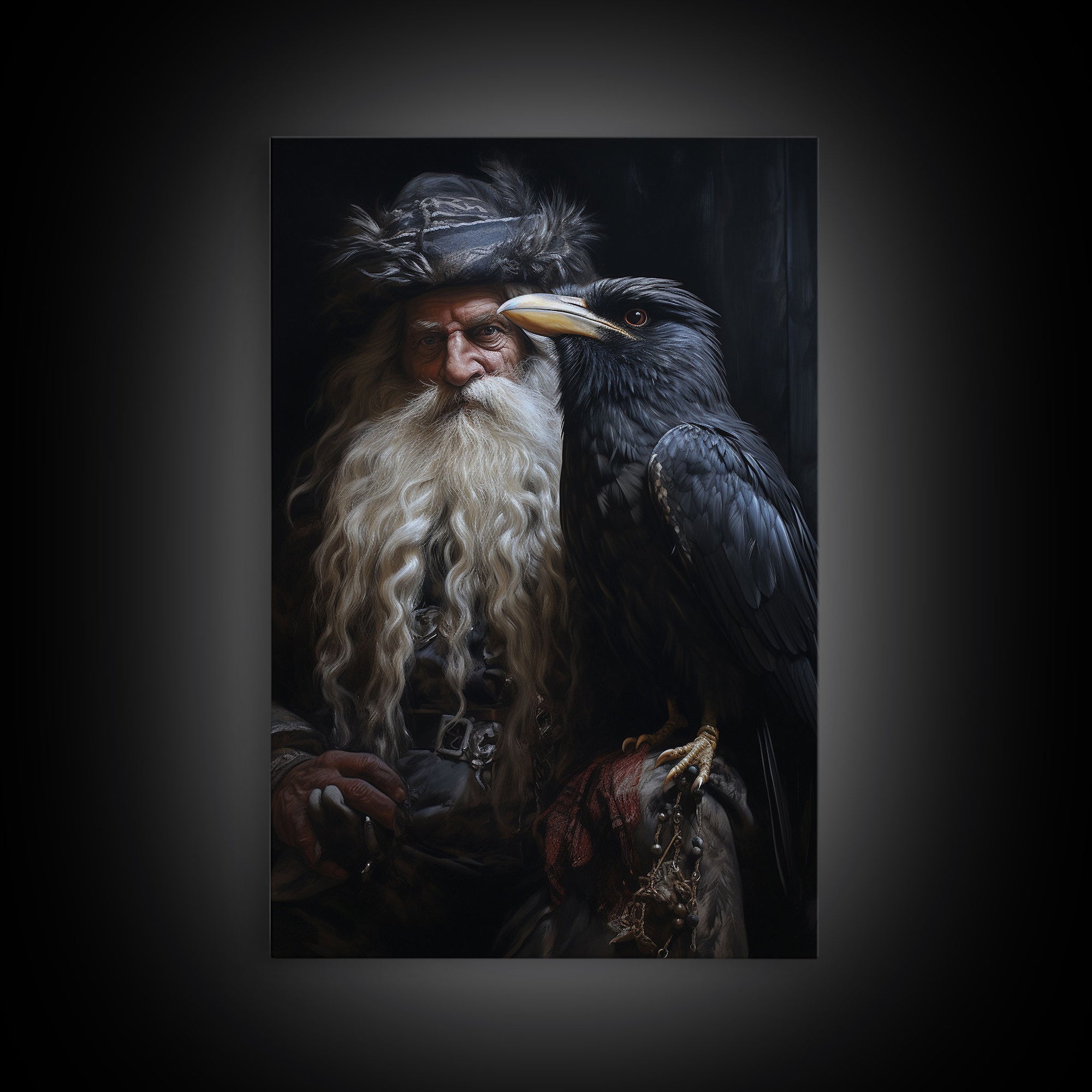 Gothic Santa and his Raven, Framed Canvas Print, Christmas Decor, Farmhouse Christmas, Gothic Christmas, Santa Art Print, Crow Print