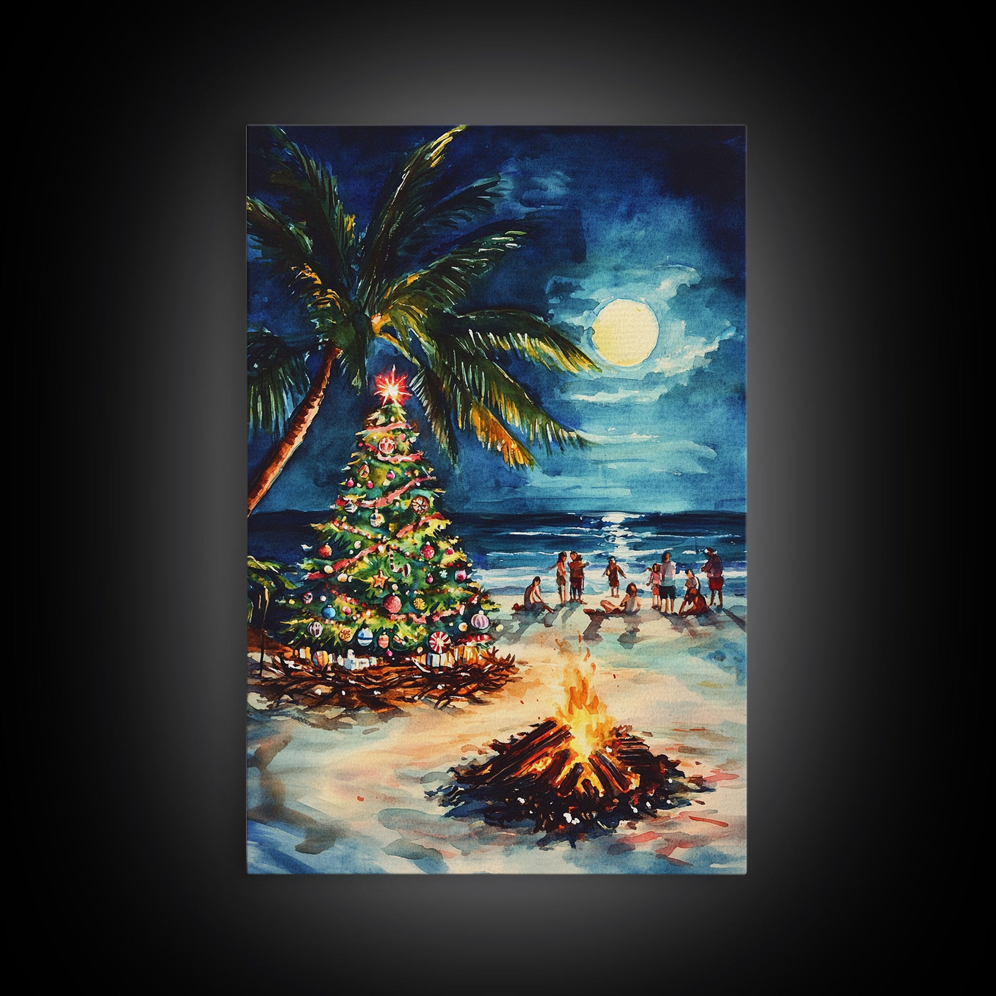 A Beach Christmas Framed Canvas Print, Christmas Painting, Tropical Beach Xmas Decor