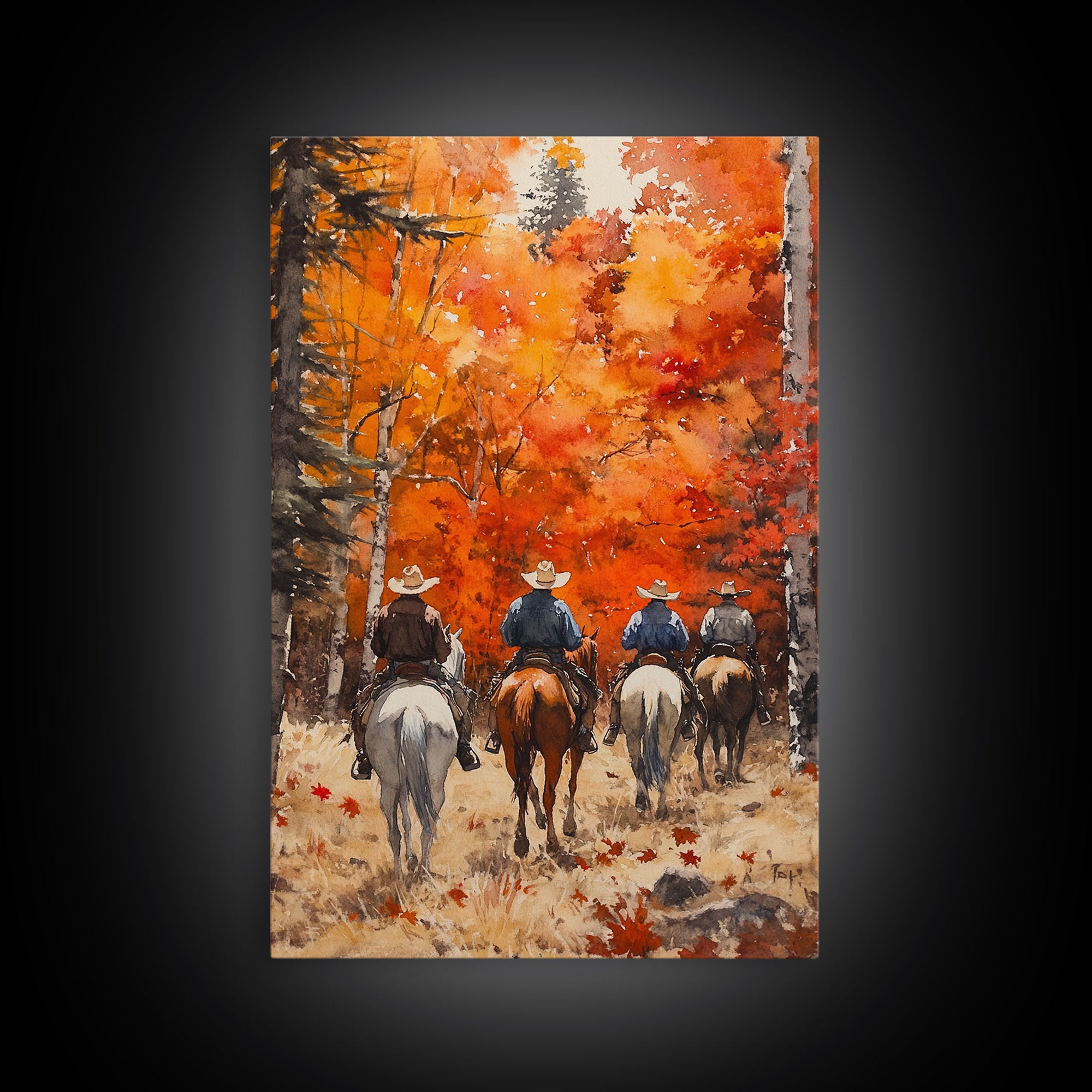 The Riders, Autumn Decor, Framed Canvas Print, Fall Painting, Fall Centerpiece Decor, Vintage Autumn Or Fall Painting Art