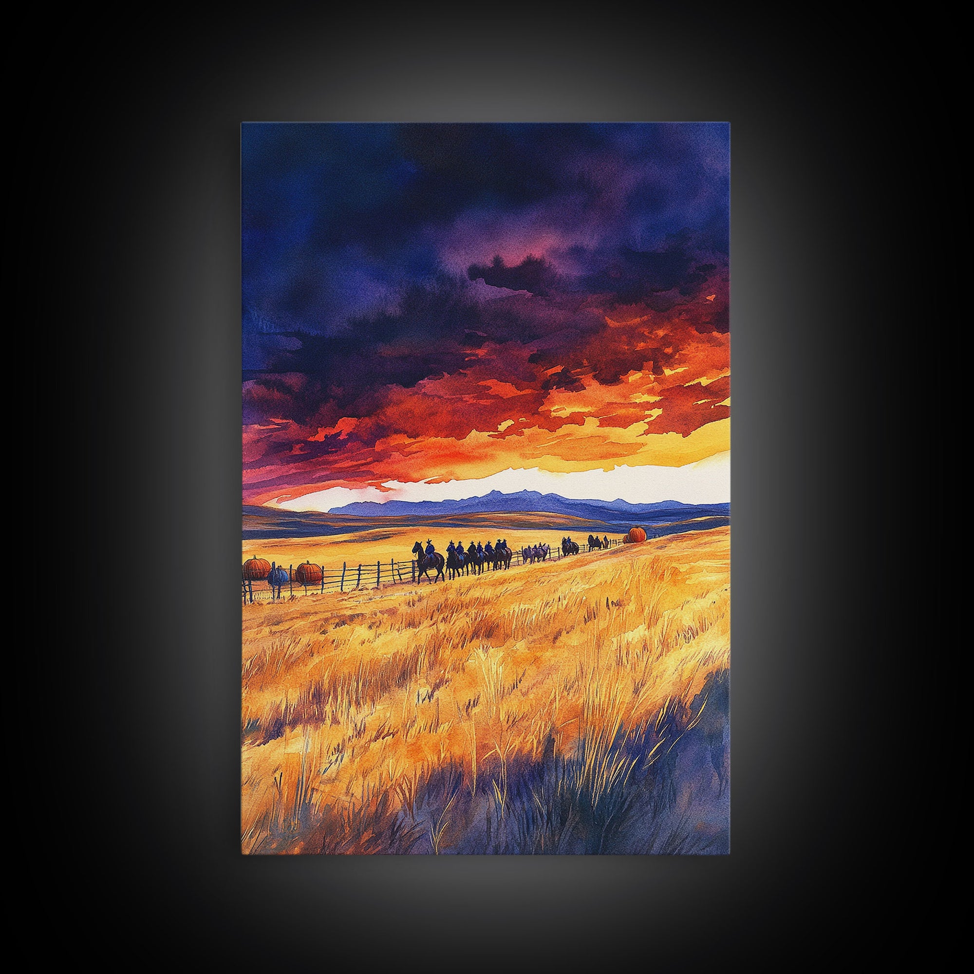 The Cattle Drive At Sunset, Framed Canvas Print, Autumn Decor, Beautiful Sunset Wall Art Painting