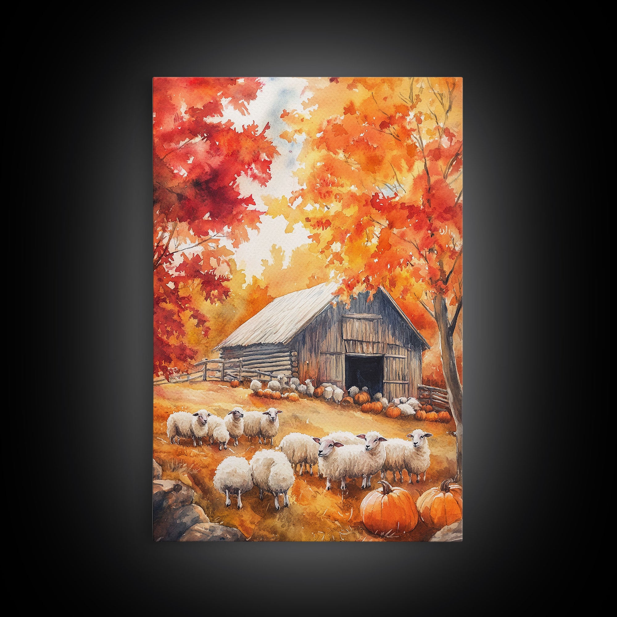 The Sheep Farm In Fall Framed Canvas Print, Farmhouse Decor, Boho Painting Wall Art