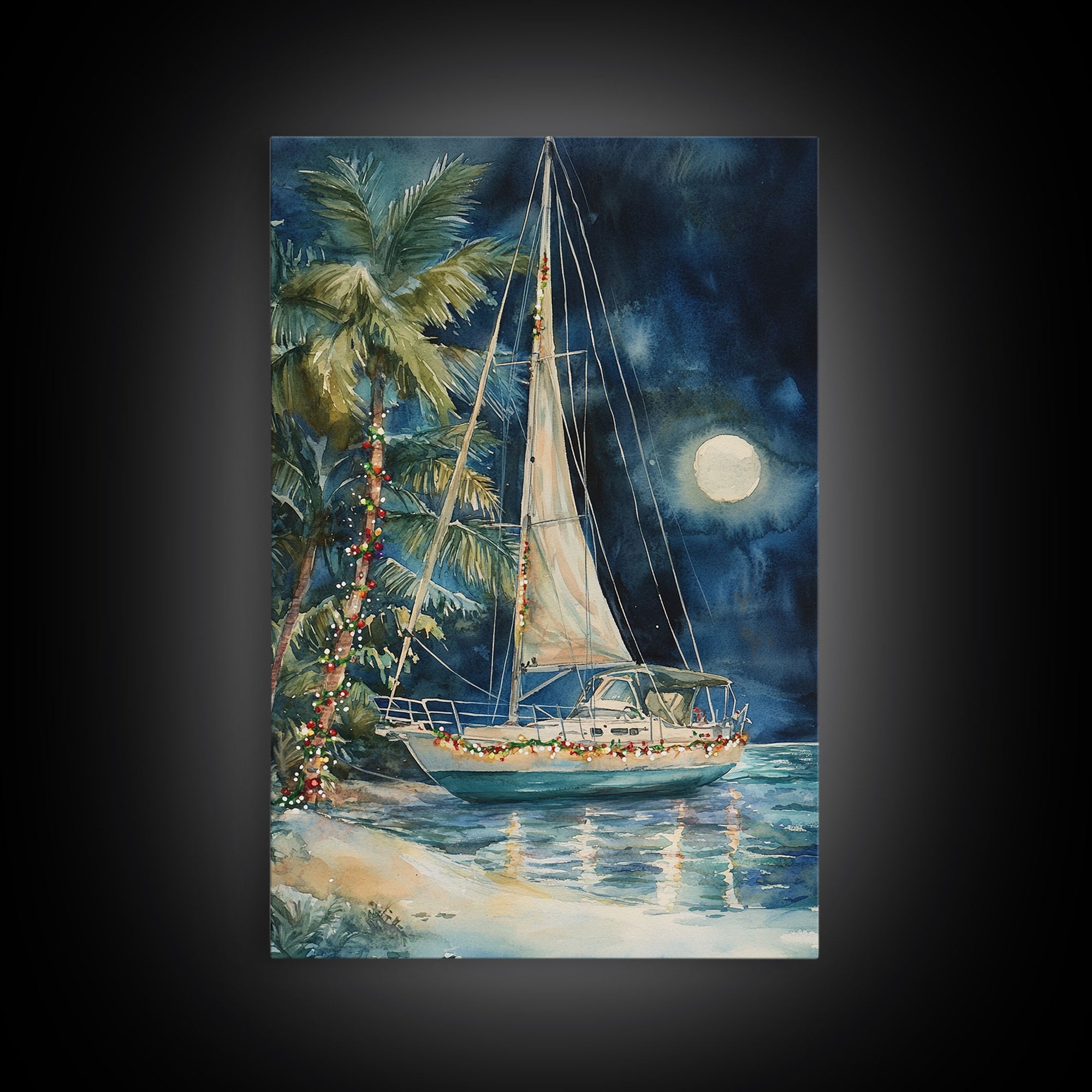 Sailboats In The Winter, Lake House Decor, Colorful Christmas Wall Art, Winter Decor, Holiday Art, Holiday Decor, Christmas handmade Art