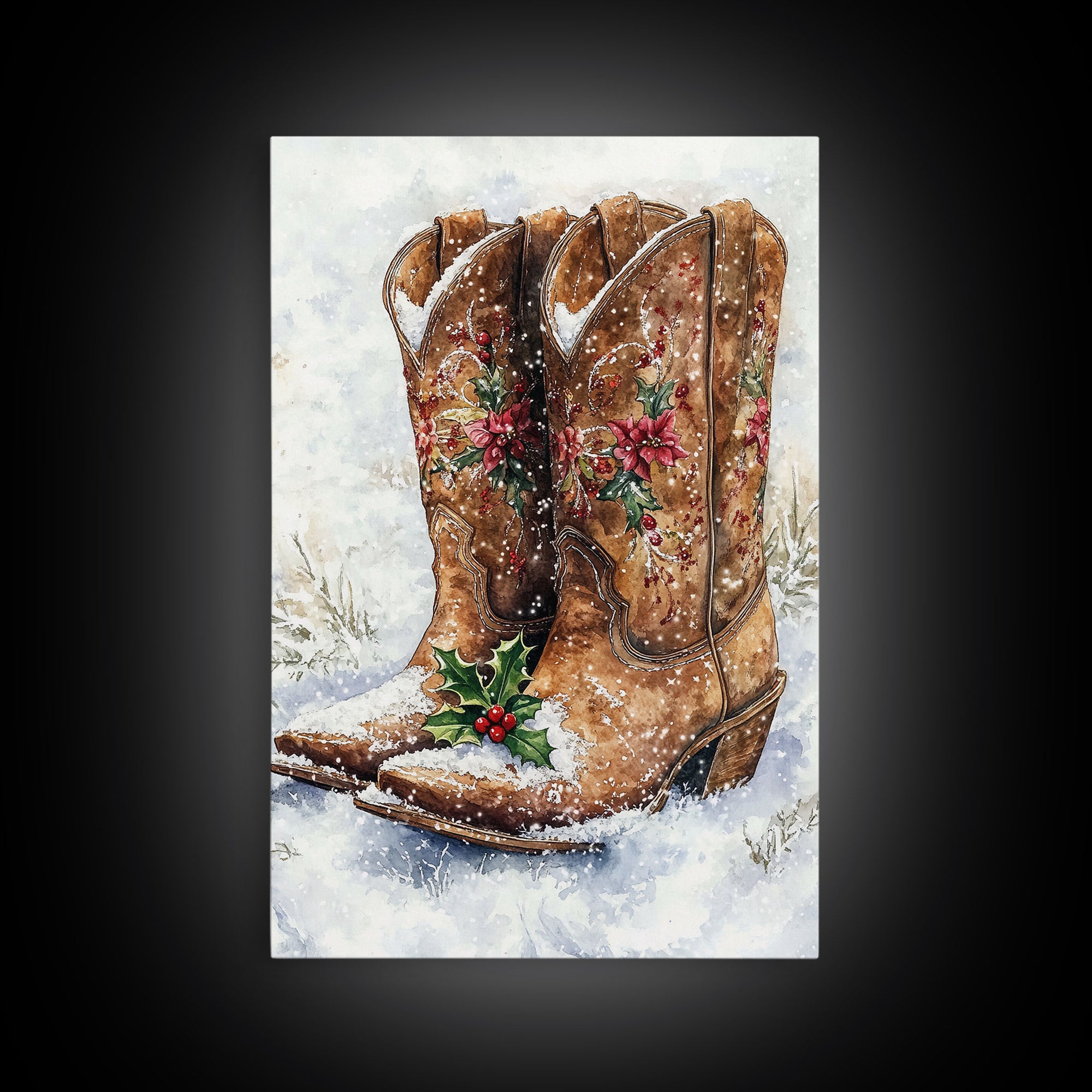 Christmas Cowboy Boots, Framed Canvas Print, Primitive / Rustic Farmhouse Wall Art, Cowboy Decor, Texan Art, Christmas Vintage Art