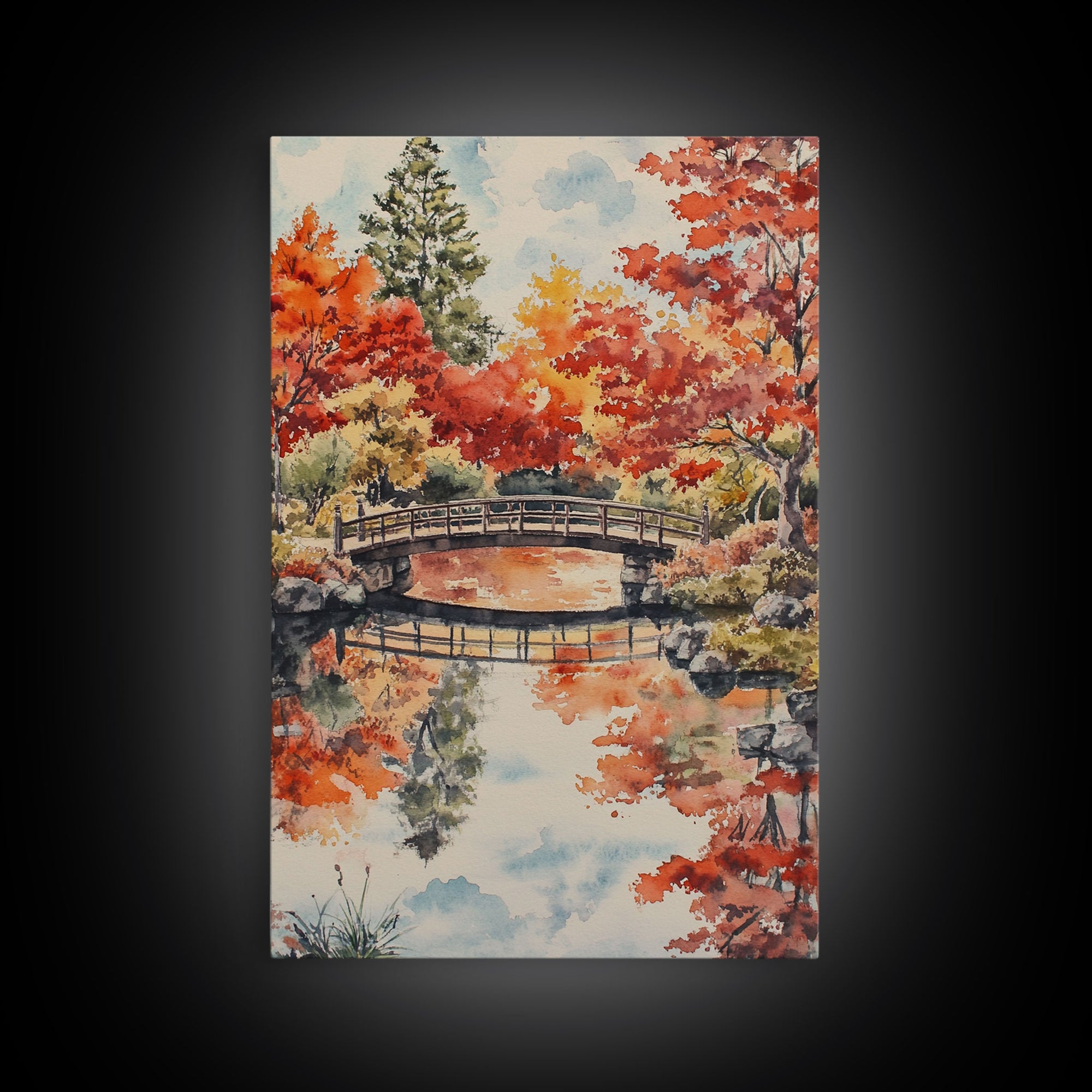 The Fall Bridge, Framed Canvas Print, Autumn Decor, Holiday / Seasonal Wall Art Gift For Her, Moody Landscape