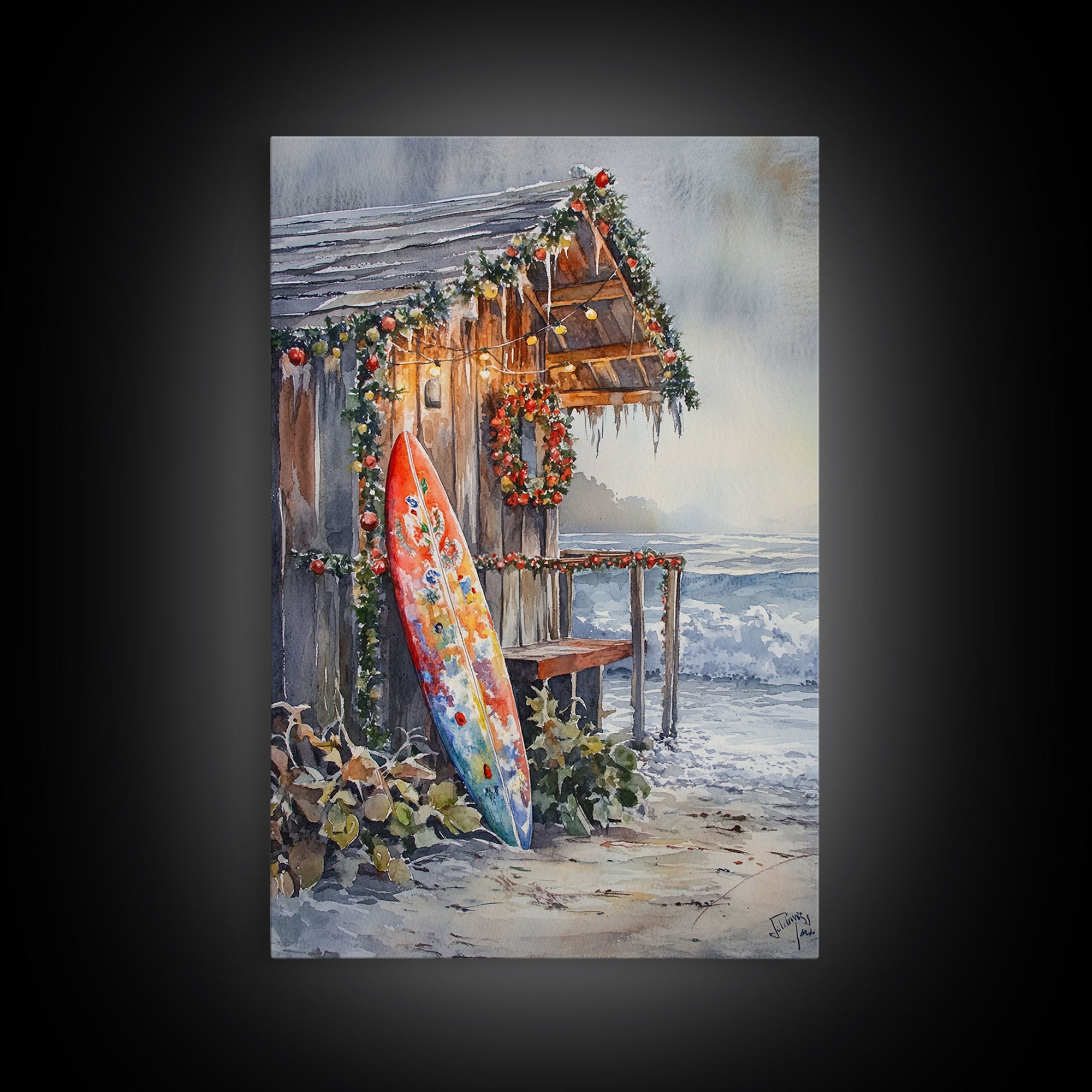 Surf Shack Decorated For Christmas, Tropical Christmas Wall Art, Canvas Print, Wood Framed Wall Art, Christmas Vintage, Christmas Vacation