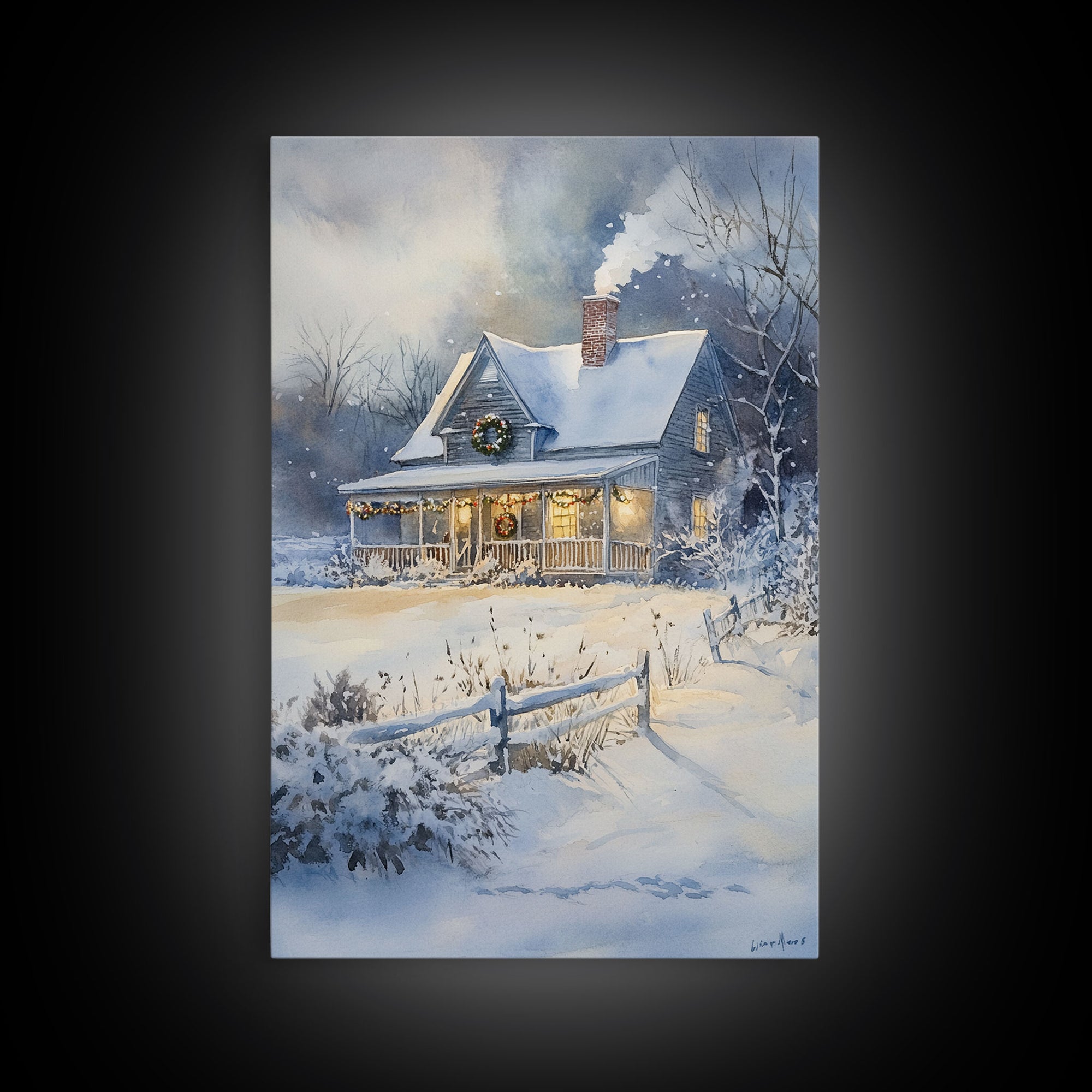 Christmas Cottage Wall Art, Framed Canvas Print, Winter Wonderland Landscape Print